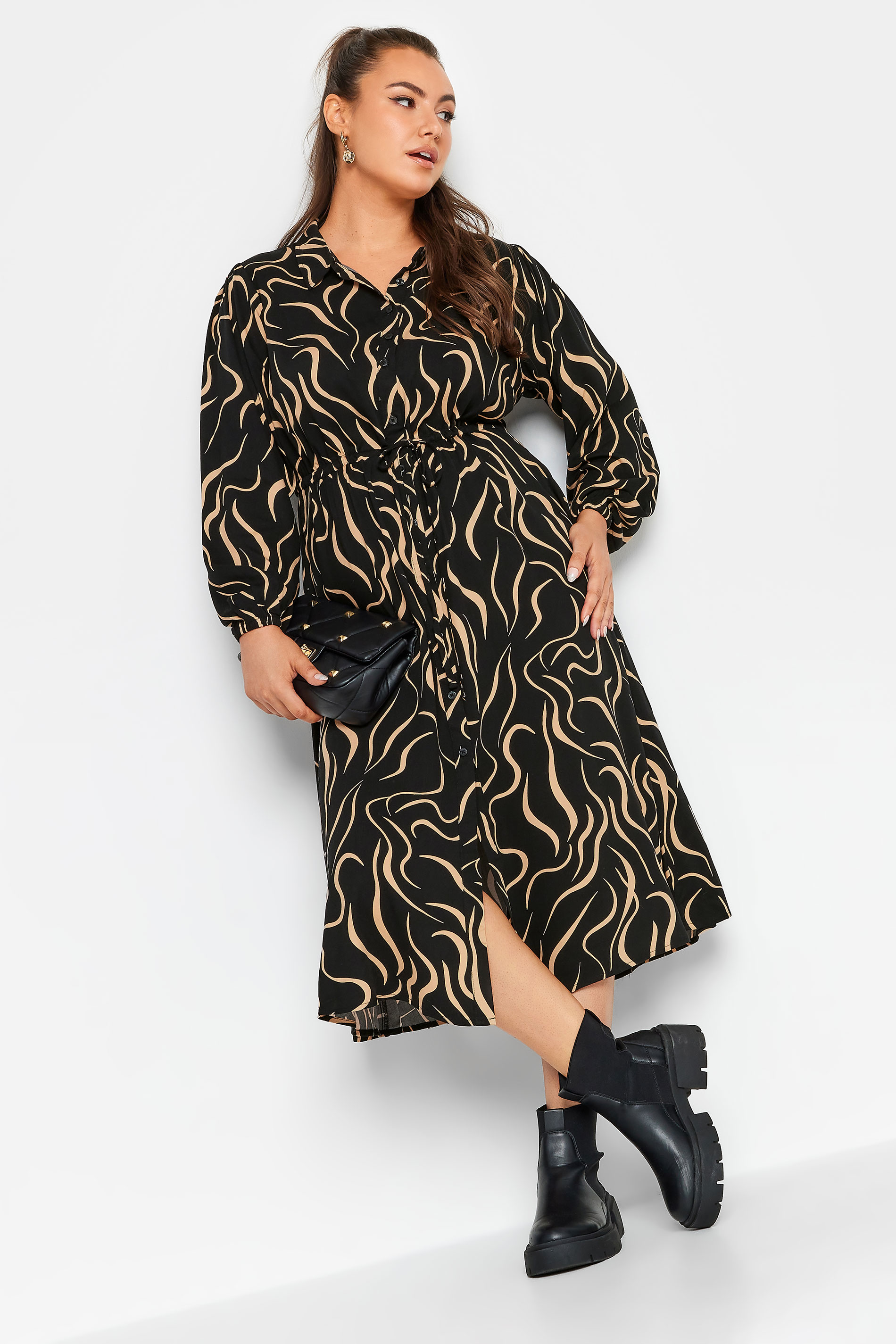 YOURS Plus Size Black Abstract  Print Long Sleeve Midaxi Shirt Dress | Yours Clothing 2
