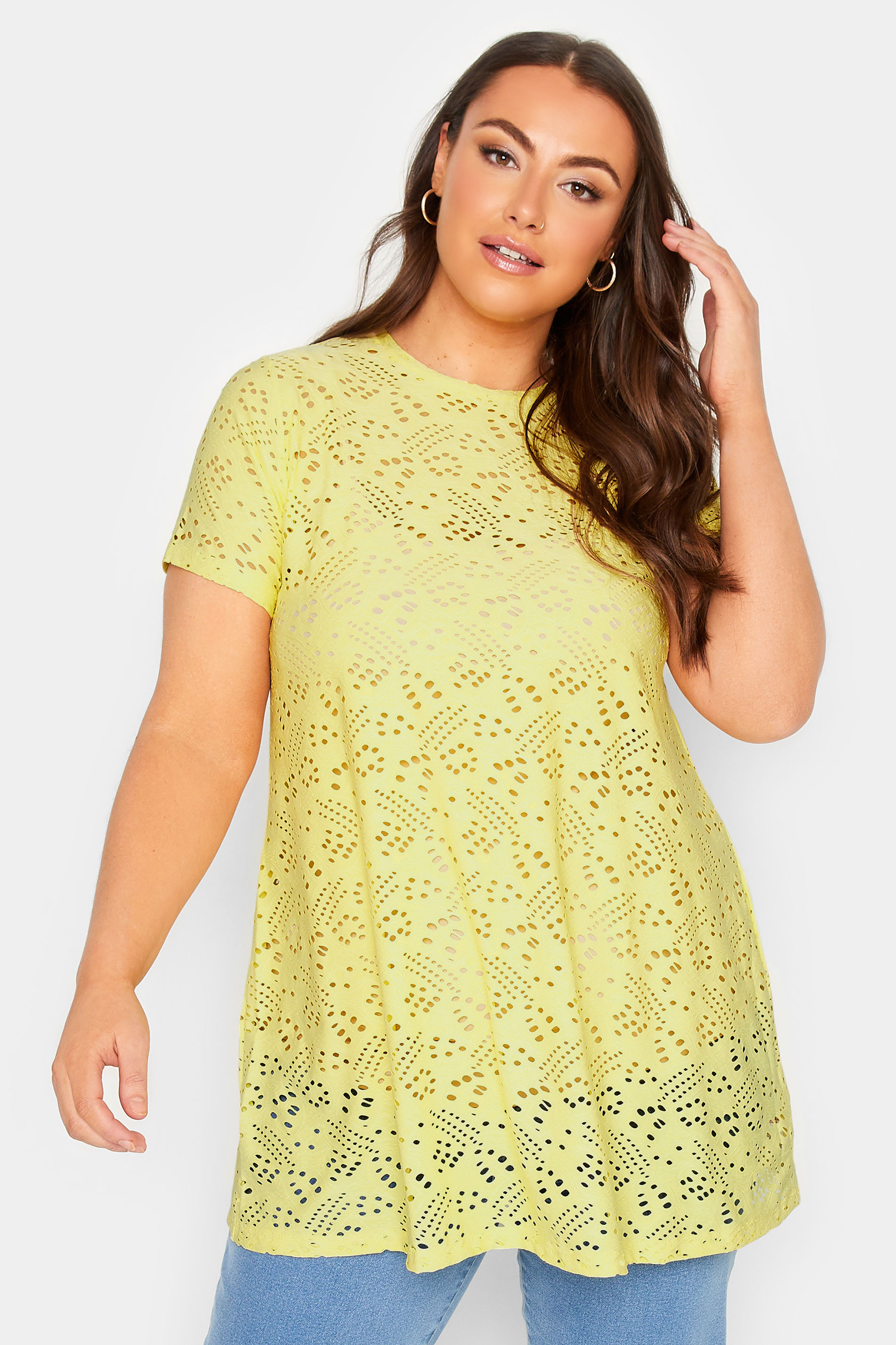 Plus Size Yellow Broderie Anglaise Swing T-Shirt | Yours Clothing 1