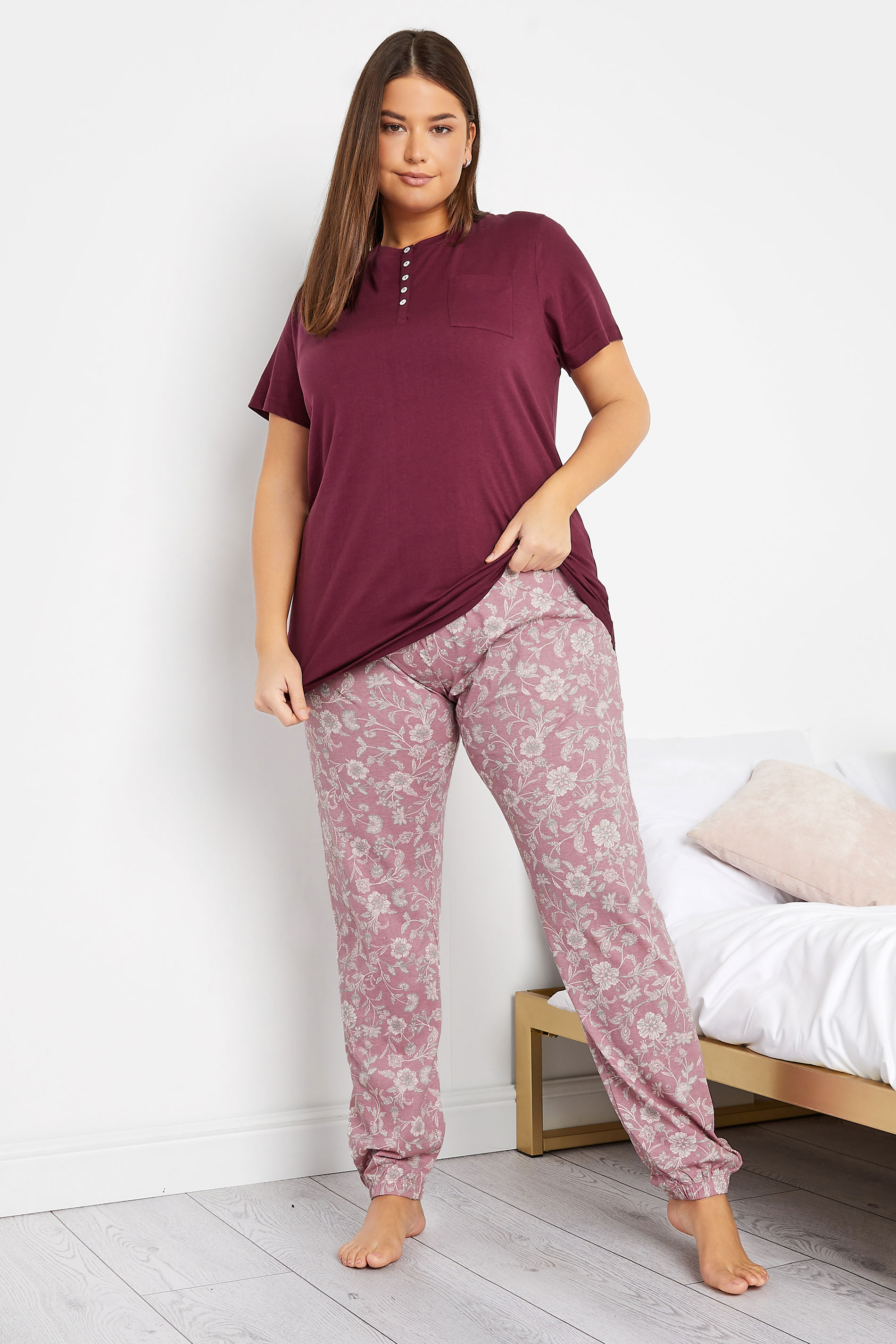 LTS Tall Burgundy Red Placket Pyjama Top | Long Tall Sally 2