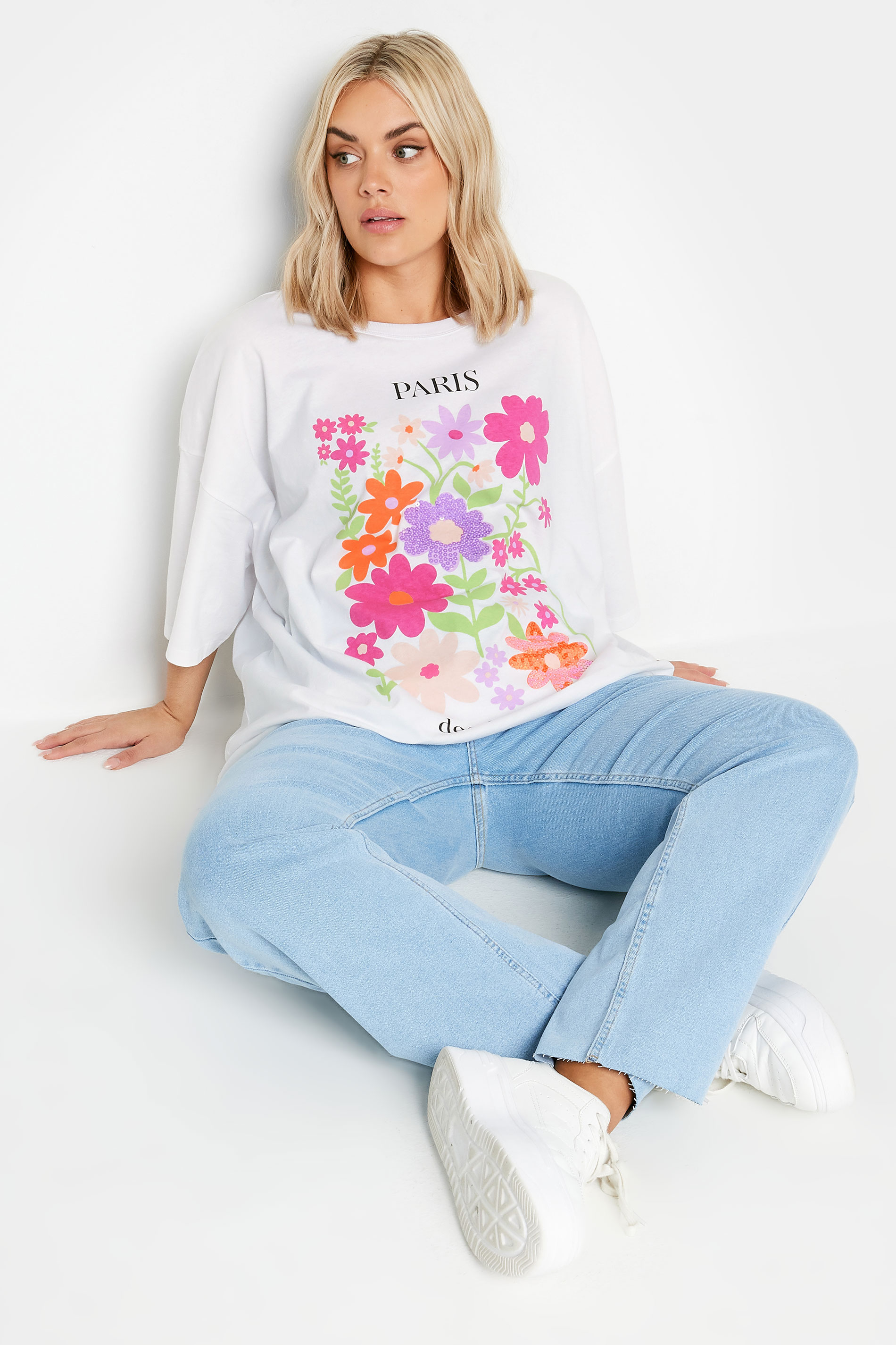YOURS Plus Size White Floral Print 'Paris' Slogan Oversized T-Shirt | Yours Clothing 2