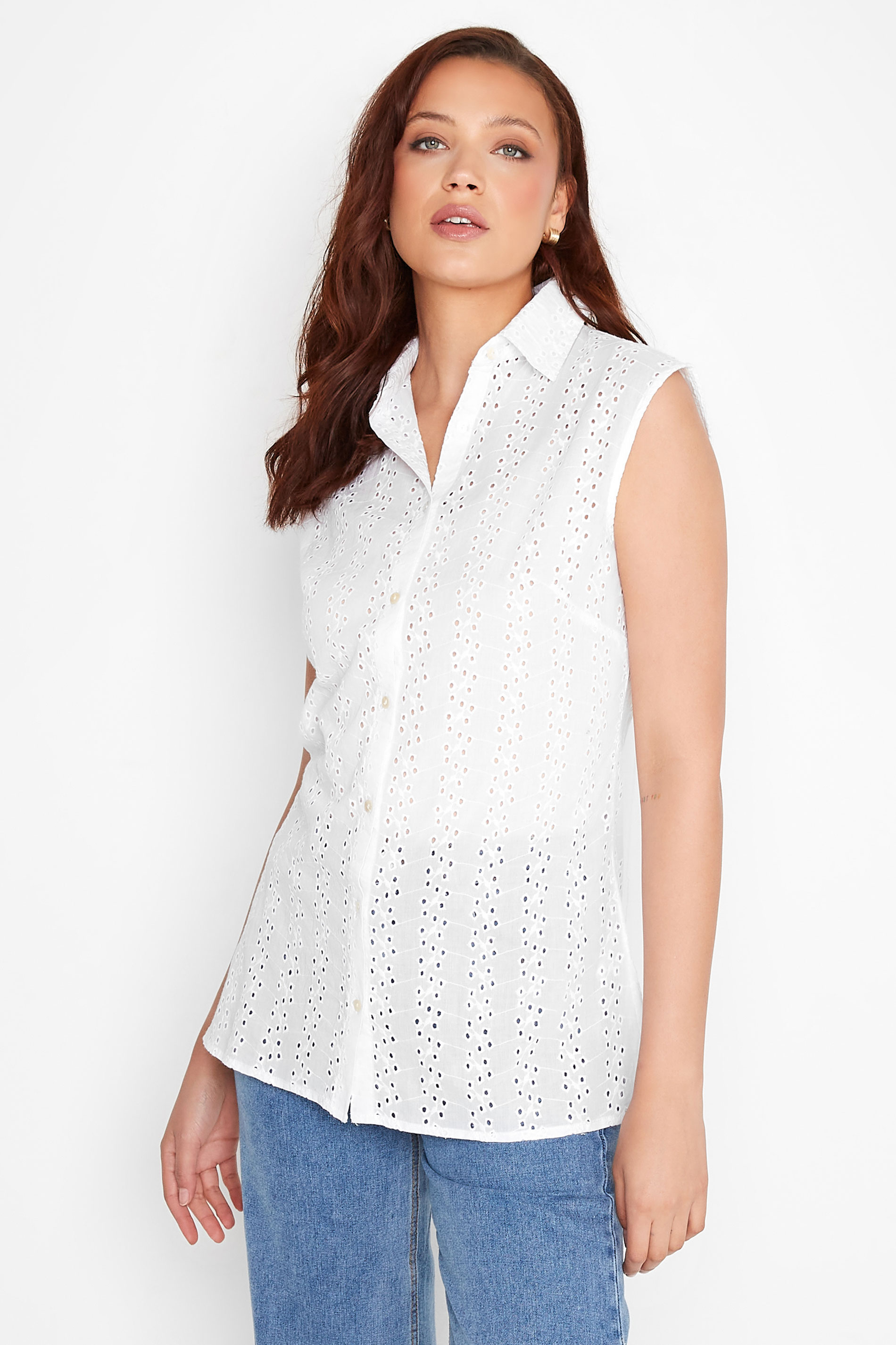 LTS Tall Women's White Broderie Anglaise Sleeveless Shirt | Long Tall Sally 1