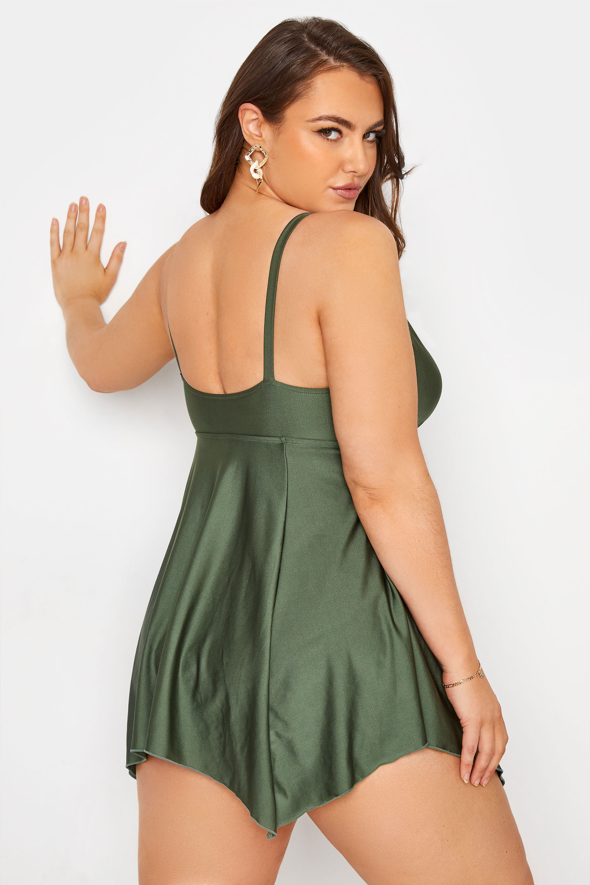 Plus Size Khaki Green Shimmer Eyelet Lace Up Swim Dress | Yours Clothing 3