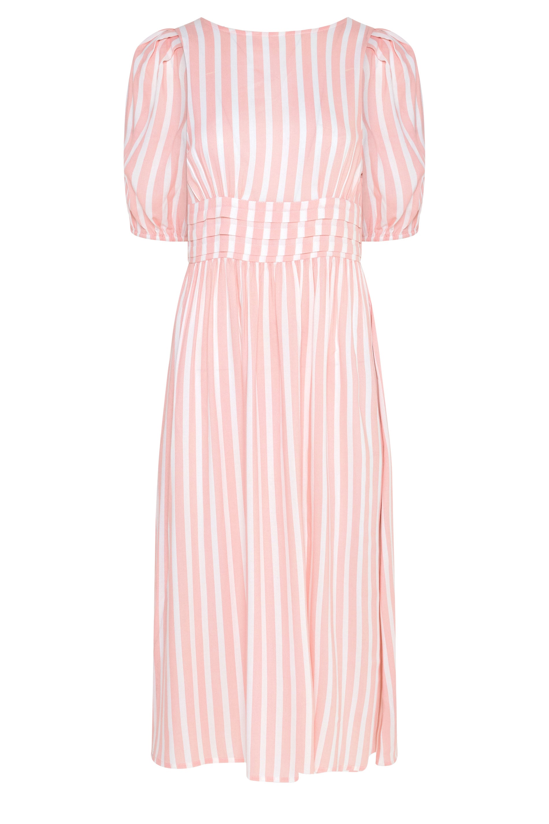 PixieGirl Petite Women's Pink Stripe Puff Sleeve Midi Dress | PixieGirl 5