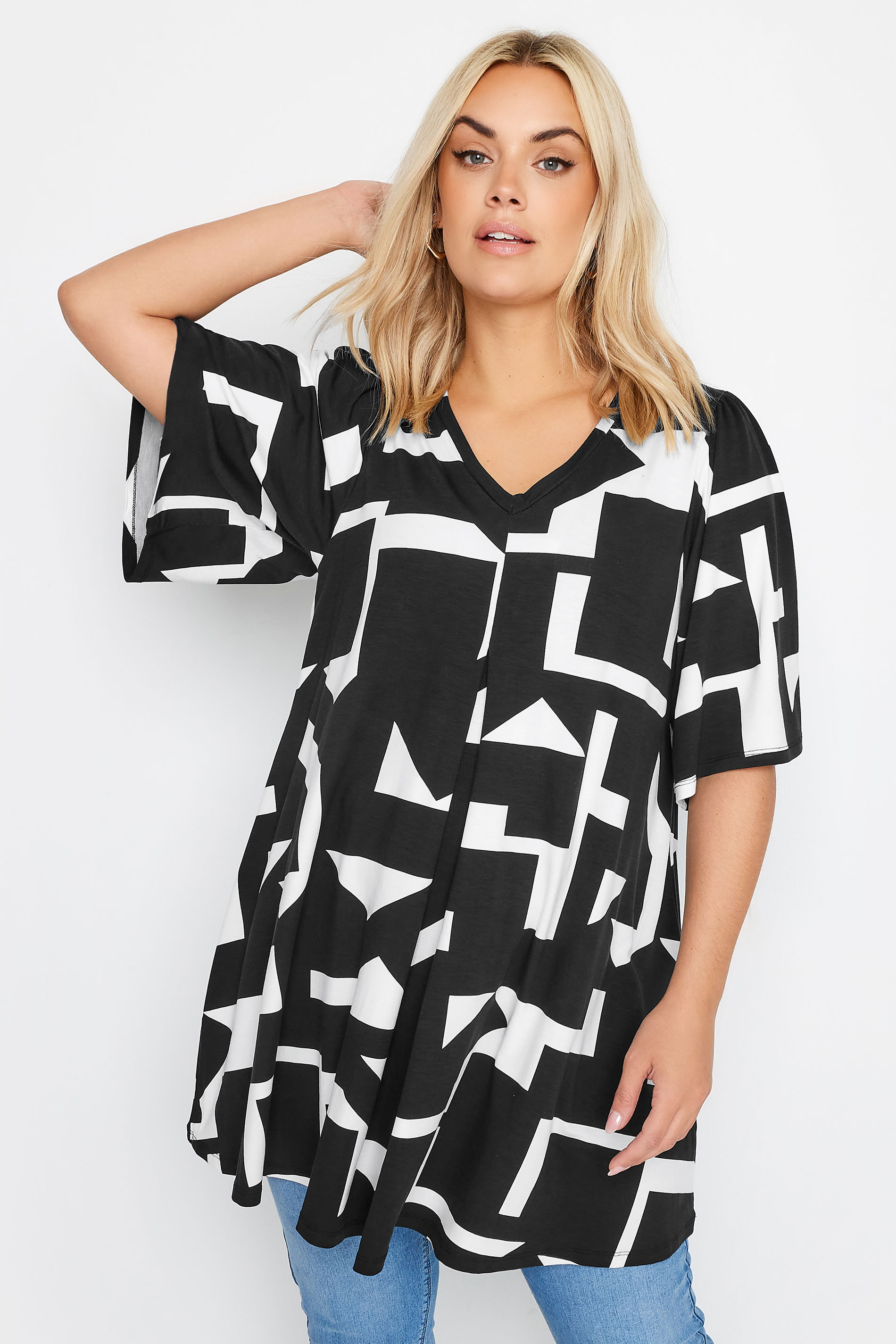 YOURS Plus Size Black Abstract Print Angel Sleeve Top | Yours Clothing 1