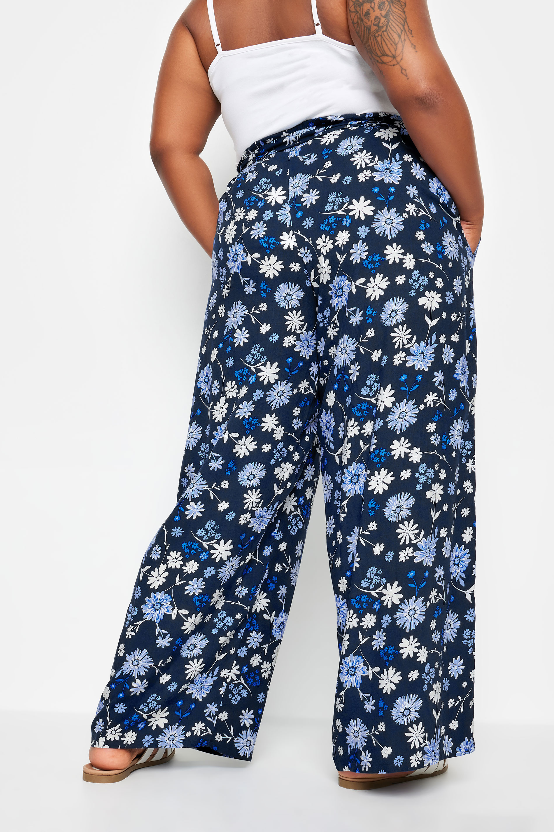YOURS Plus Size Navy Blue Floral Print Wide Leg Trousers | Yours Clothing 3