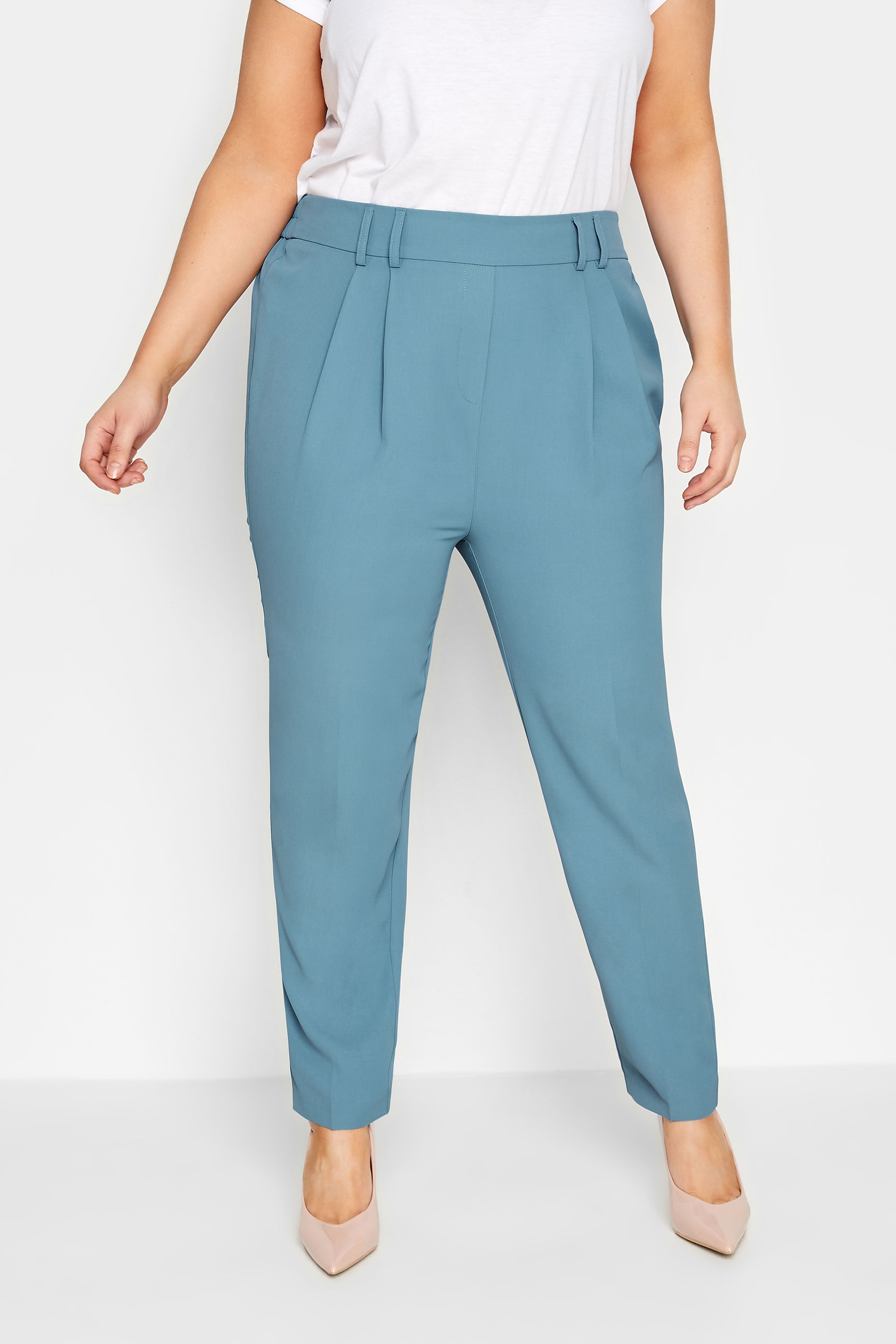 YOURS Plus Size Blue Double Belted Tapered Trousers | Yours Clothing 1