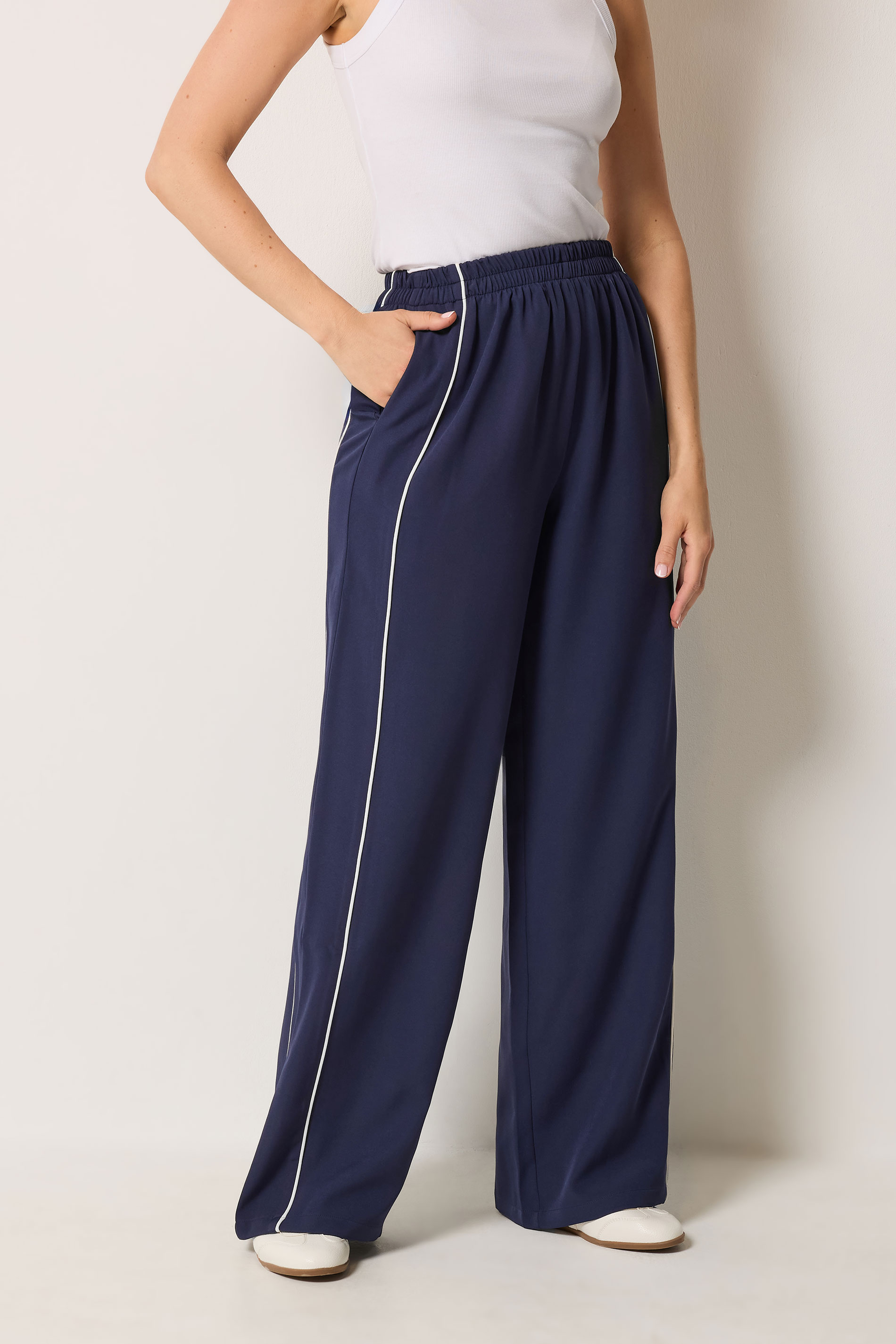 LTS Tall Women's Navy Blue Piped Wide Leg Trousers | Long Tall Sally 2