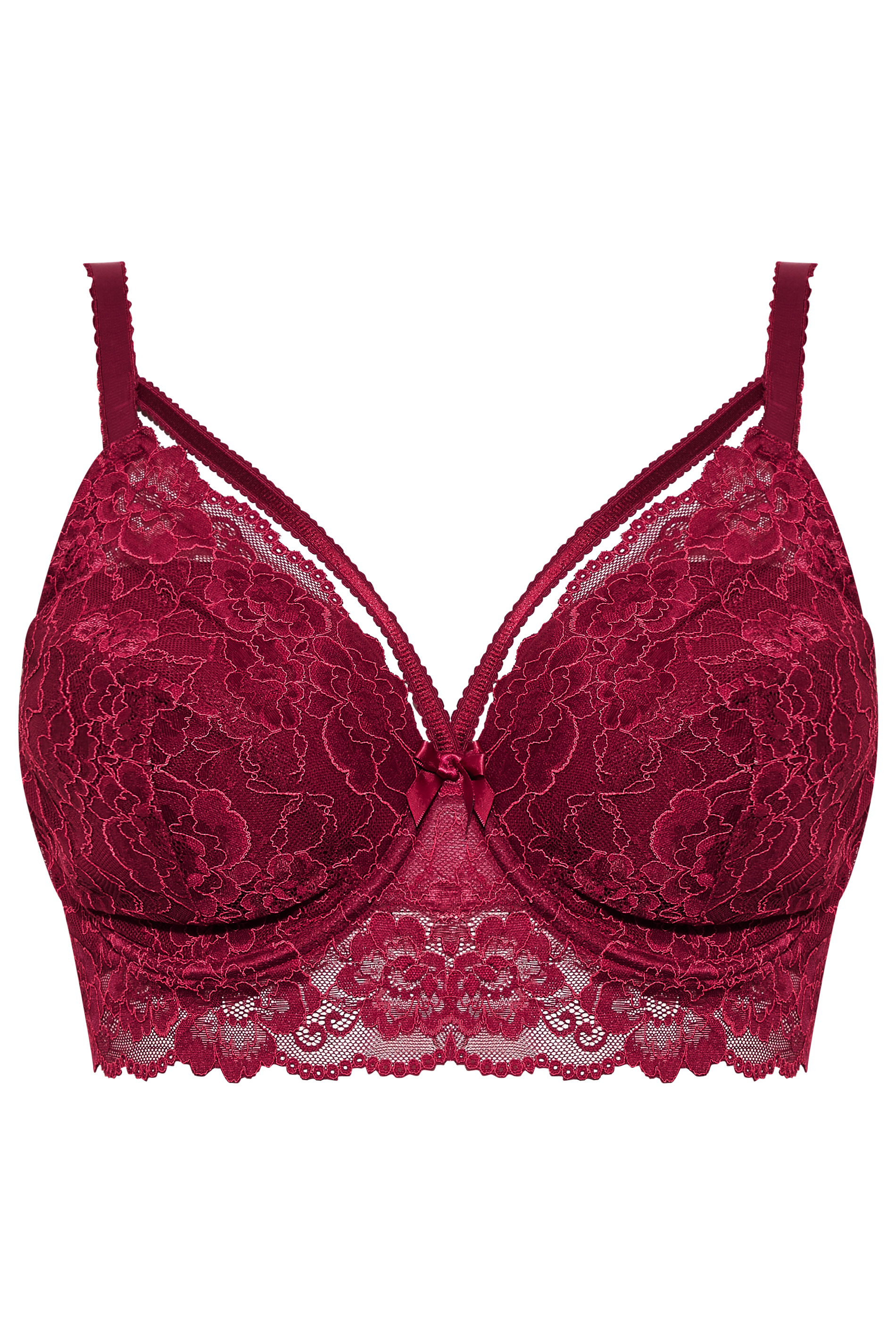 Plus Size Burgundy Red Lace Strap Detail Padded Underwired Longline Bra