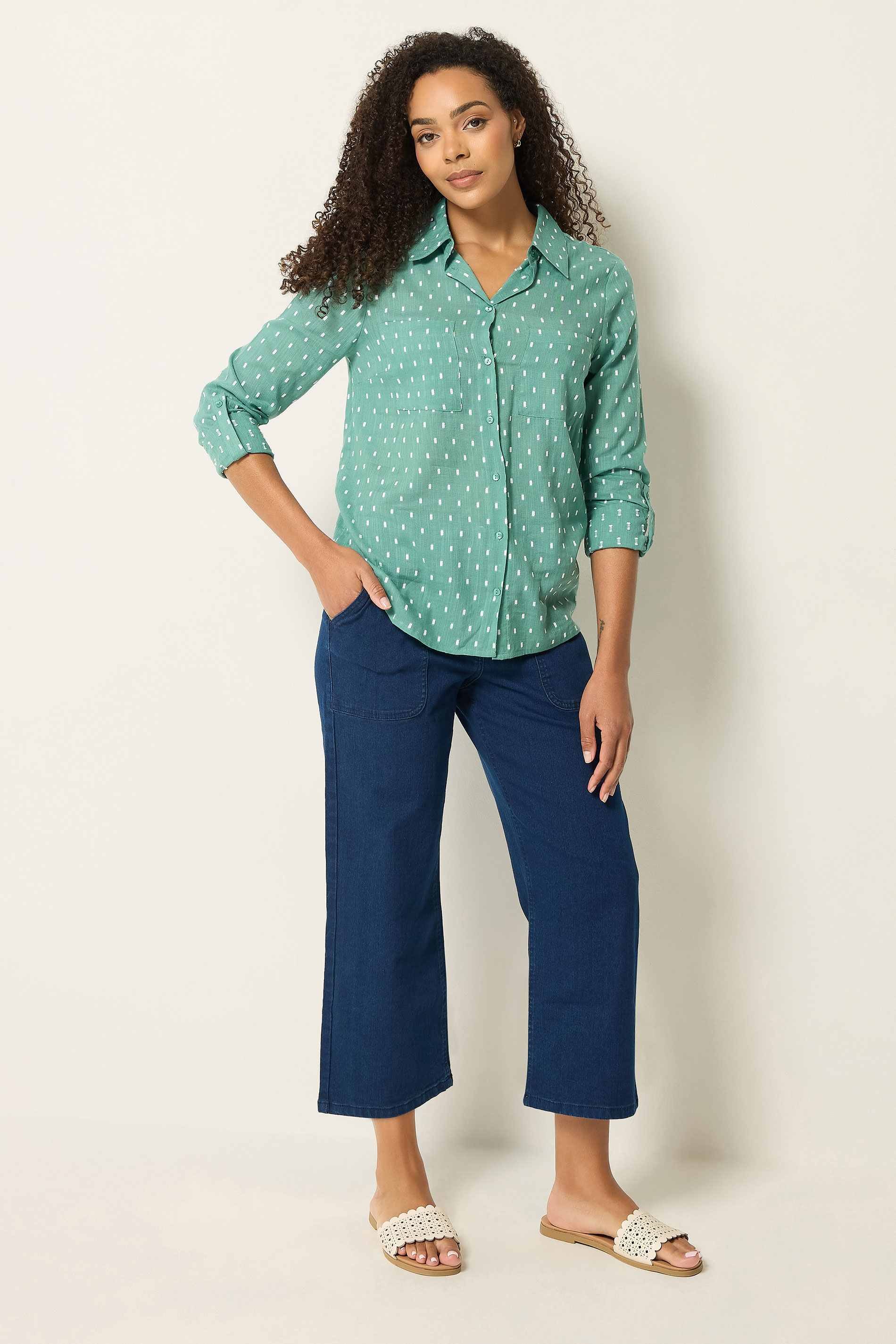 M&Co Sage Green Dobby Long Sleeve Cotton Shirt | M&Co 1