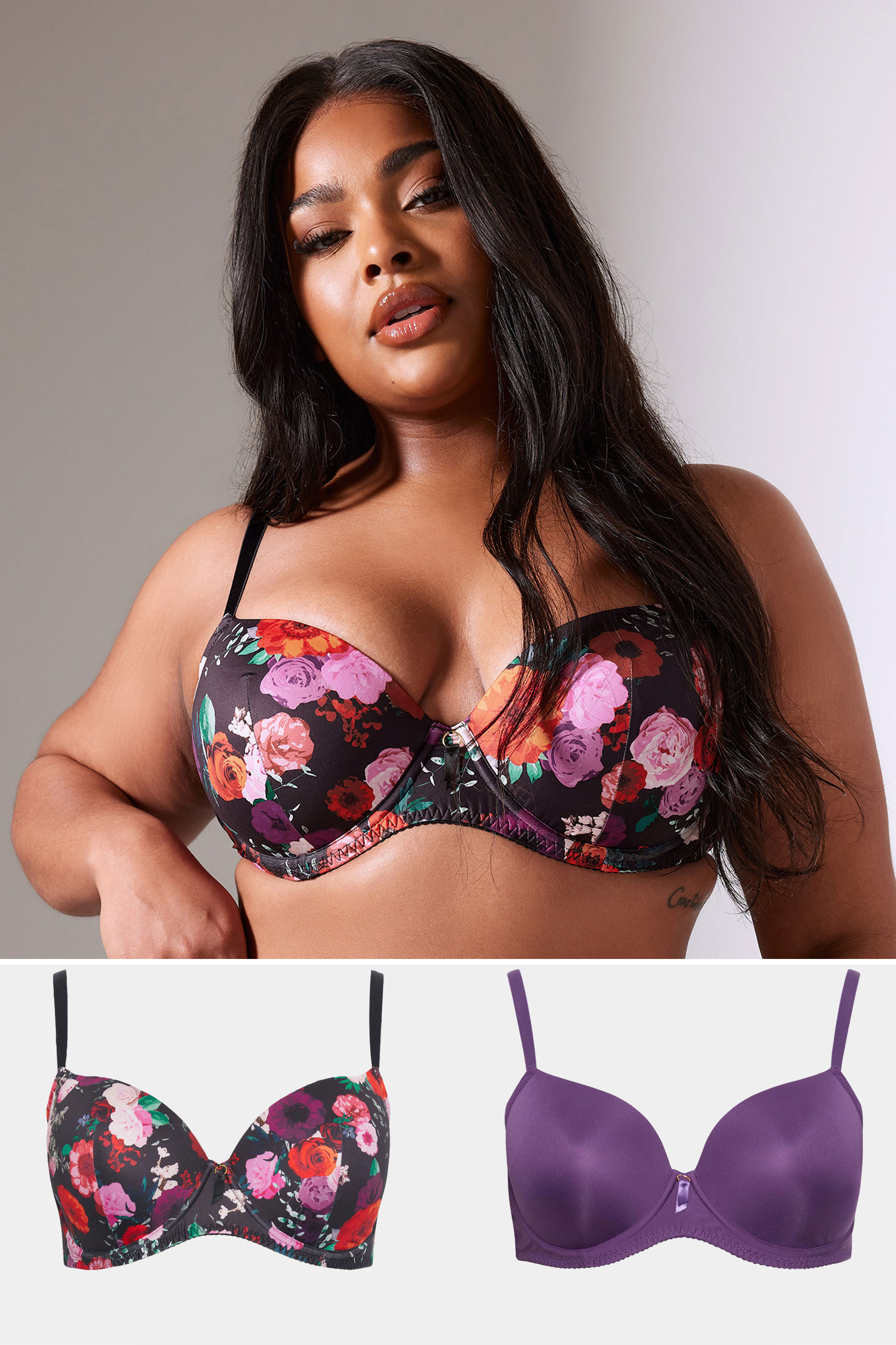 YOURS 2 PACK Plus Size Black & Purple Floral Print Padded T-Shirt Bras | Yours Clothing 1