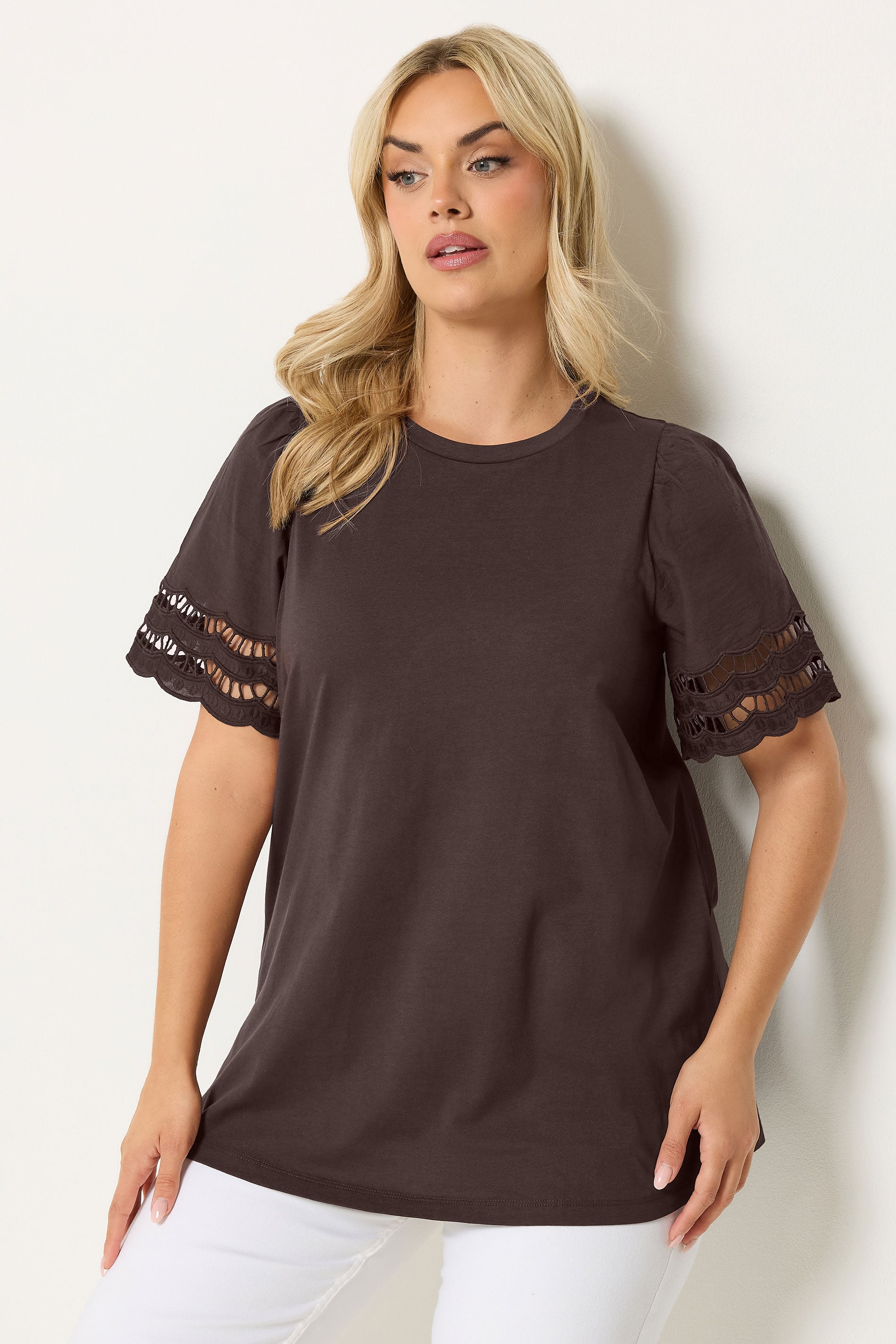 YOURS Plus Size Brown Broderie Anglaise Angel Sleeve T-Shirt | Yours Clothing 3