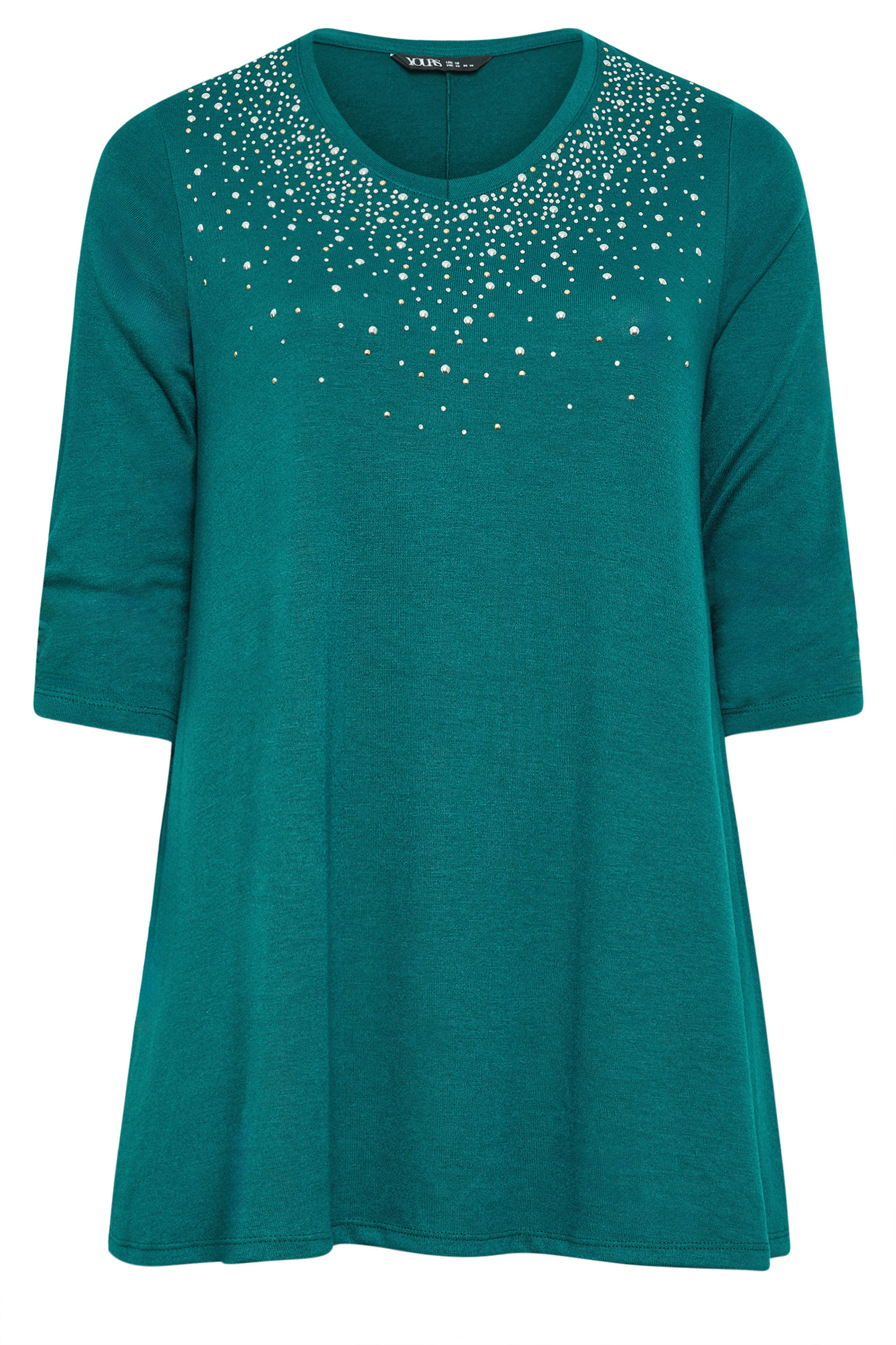 YOURS Plus Size Teal Blue Stud Embellished Swing Top | Yours Clothing