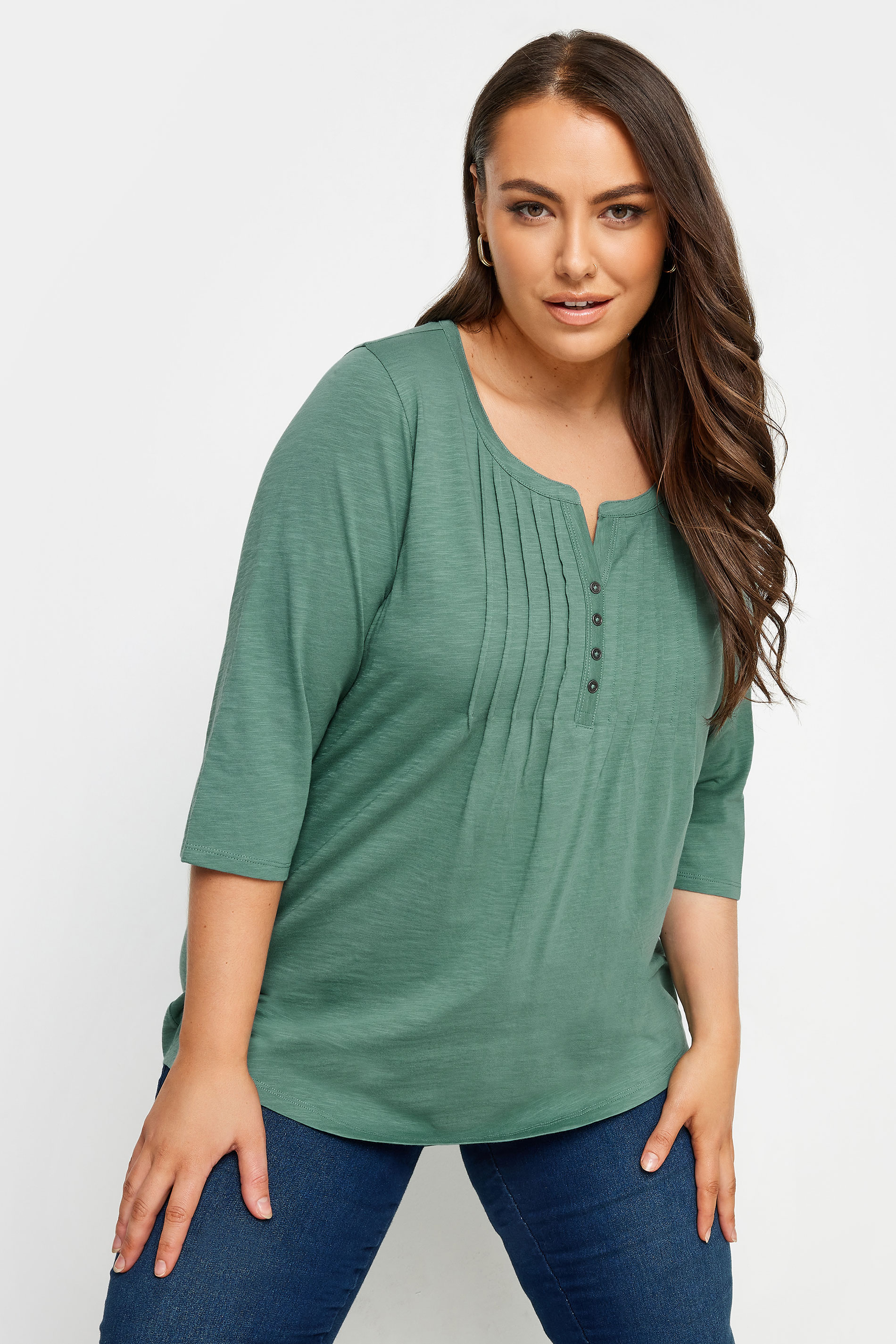 YOURS 2 PACK Plus Size Green & White Pintuck Henley T-Shirts | Yours Clothing 2