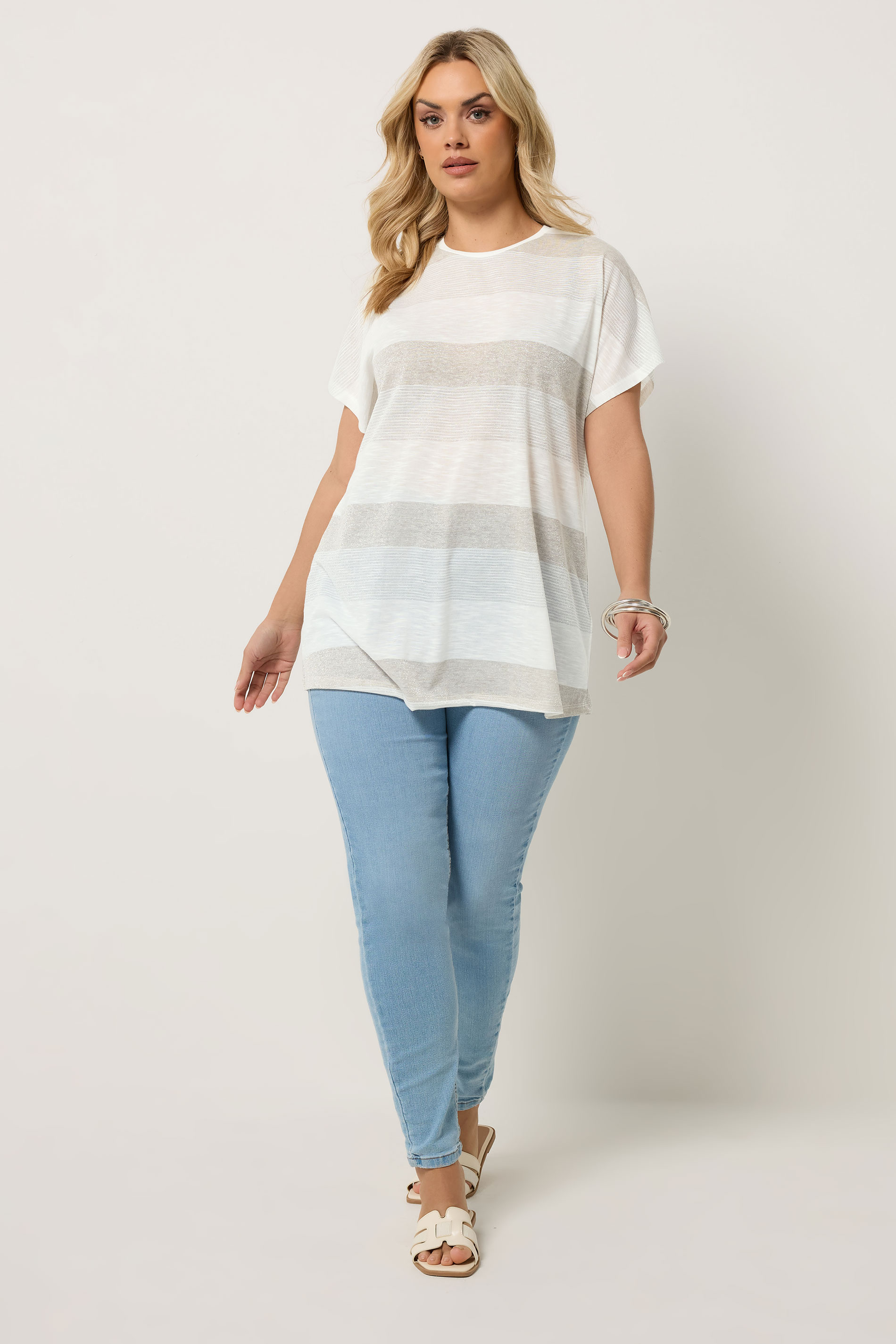 YOURS Plus Size Natural Brown Shimmer Stripe Top | Yours Clothing 1