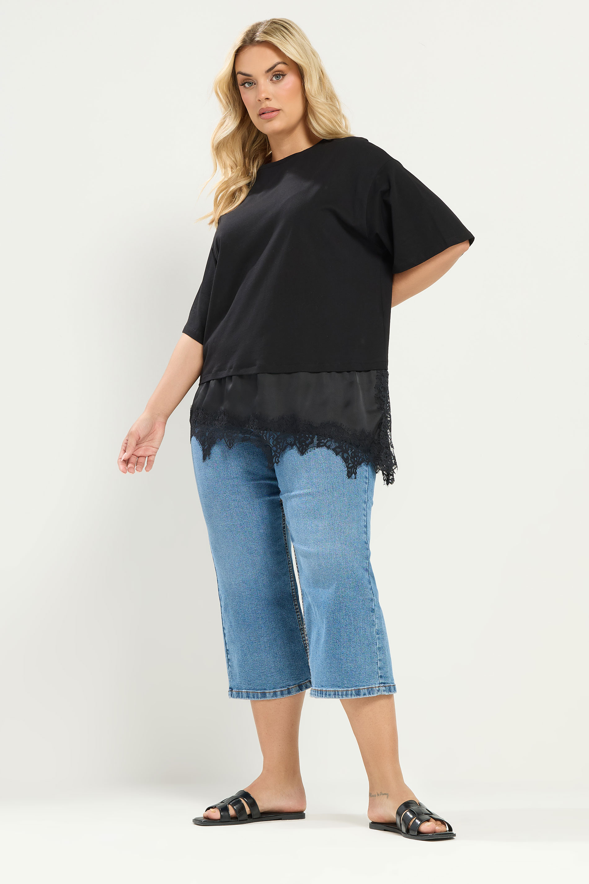 YOURS Plus Size Black Satin Lace Trim T-Shirt | Yours Clothing 1