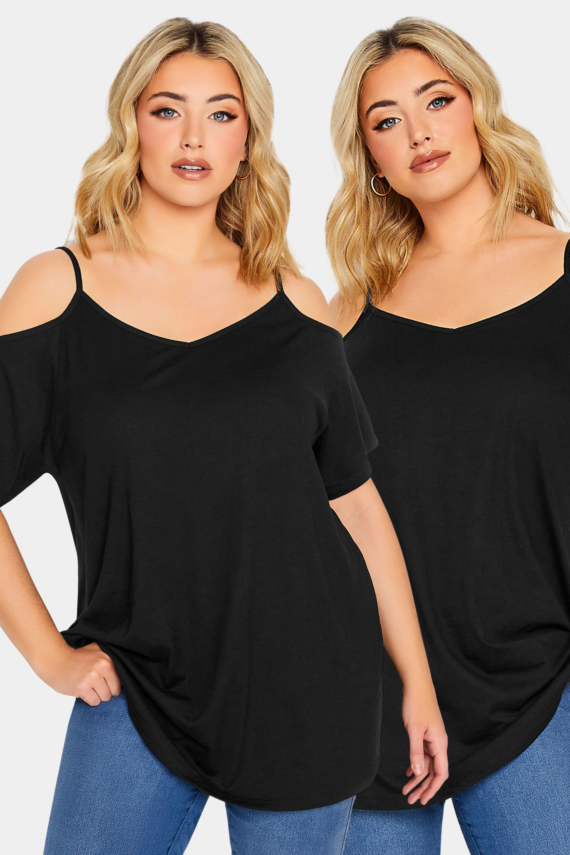 YOURS Plus Size 2 PACK Black Cold Shoulder T-Shirts| Yours Clothing  1