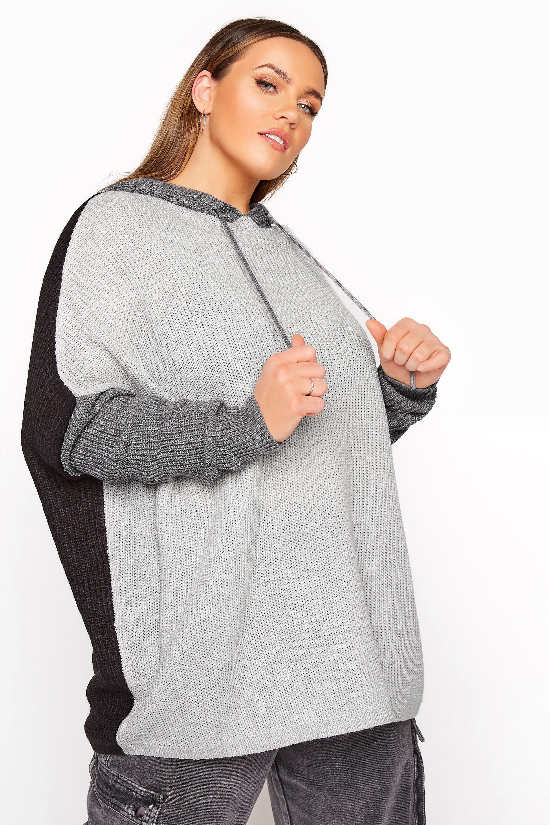 Grey Colour Block Oversized Knitted Hoodie Yours Clothing