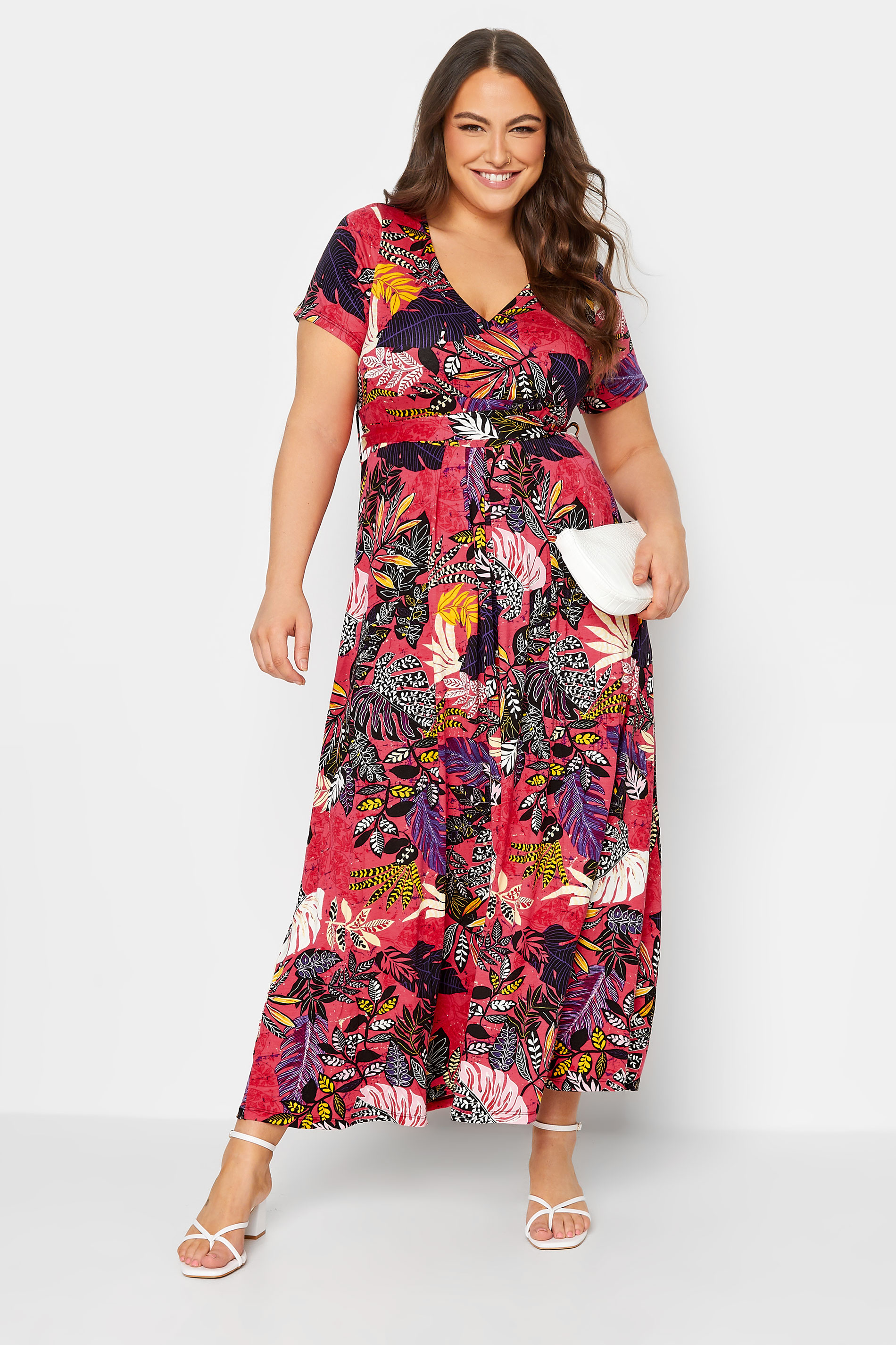 YOURS Curve Plus Size Hot Pink Leaf Print Wrap Maxi Dress | Yours Clothing  2