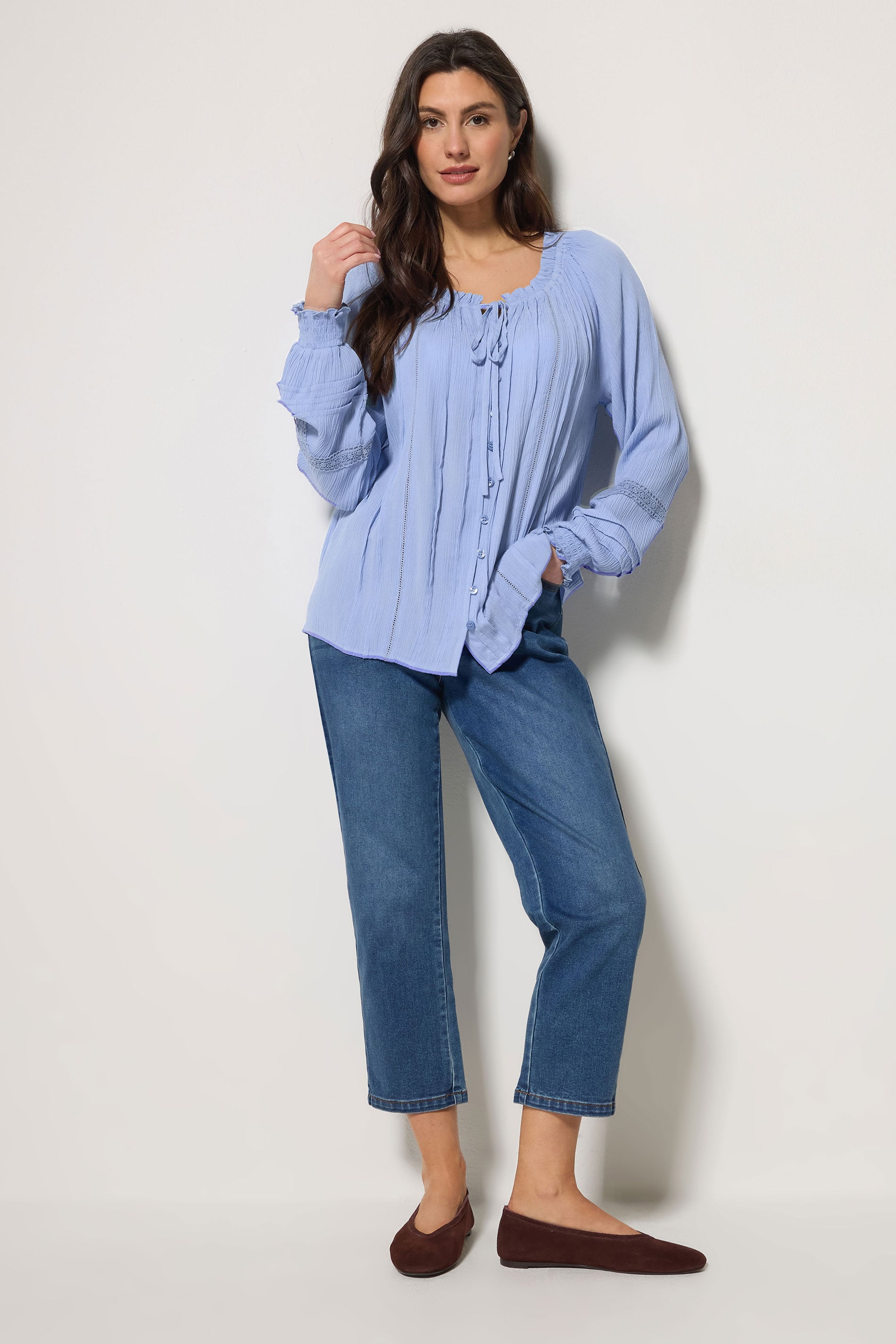 M&Co Blue Trim Detail Tie Neck Blouse | M&Co 1