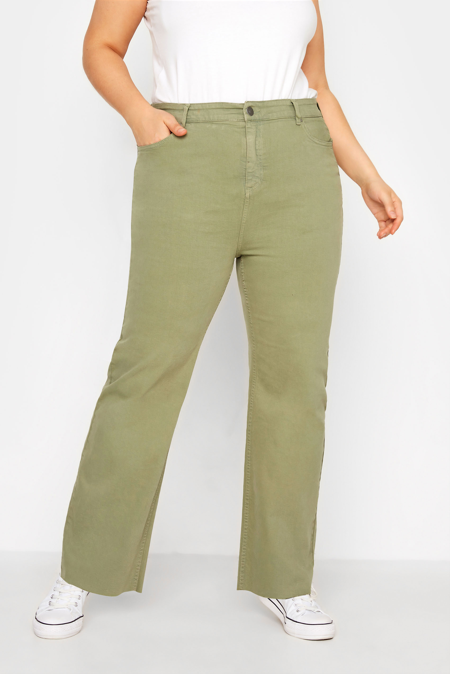 Plus Size Khaki Green Stretch Wide Leg Jeans | Yours Clothing 1