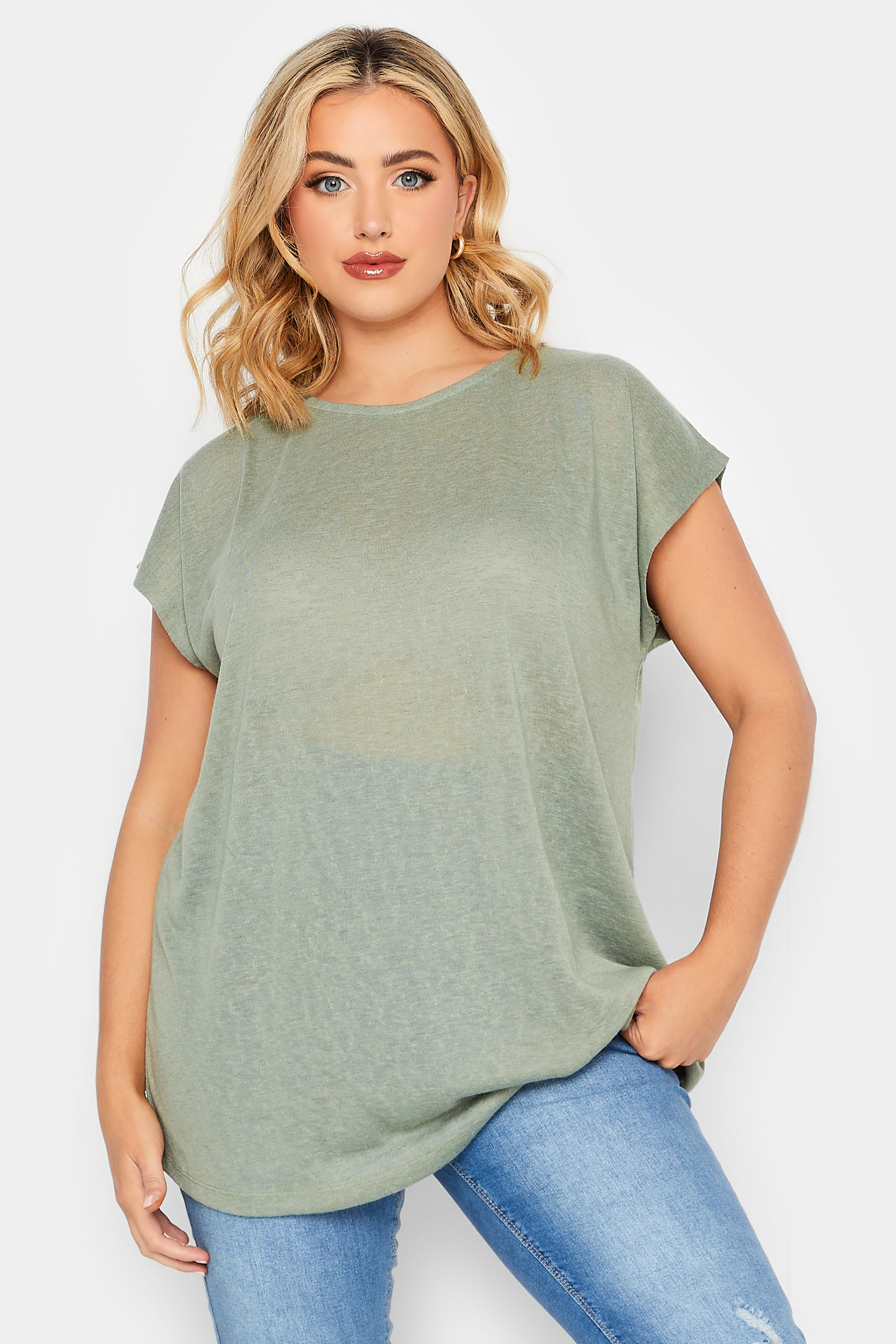 YOURS Curve Plus Size Khaki Green Linen Look T-Shirt  1