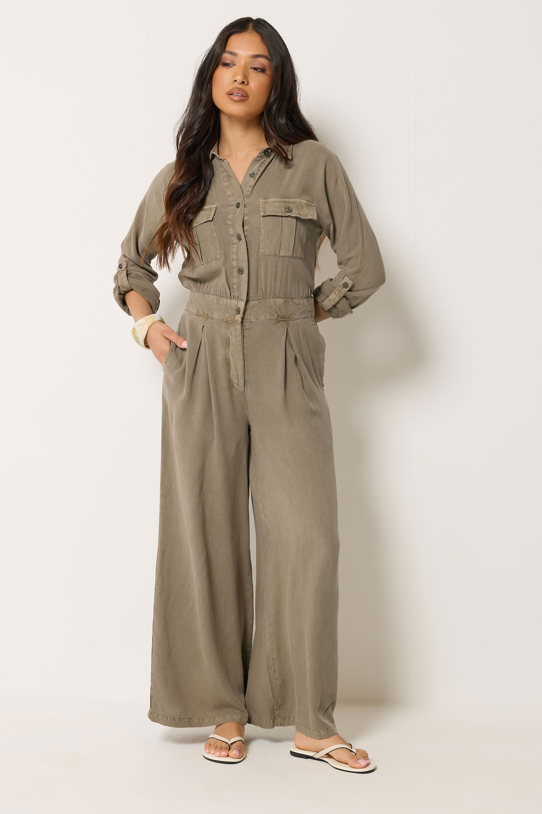 PixieGirl Petite Women's Stone Brown Acid Wash Wide Leg Jumpsuit | PixieGirl 1