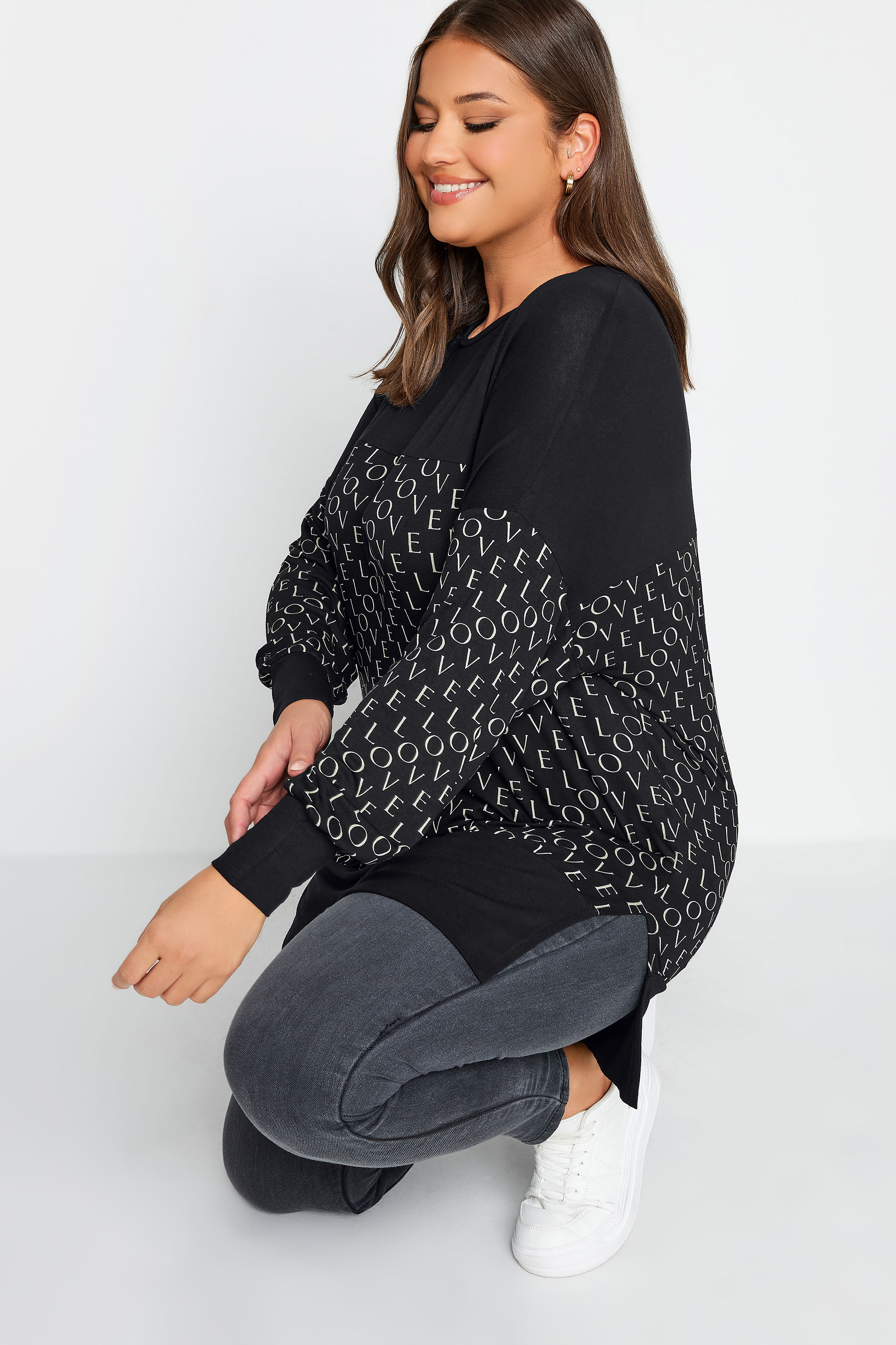YOURS Curve Plus Size Black 'Love' Panel Top | Yours Clothing  3