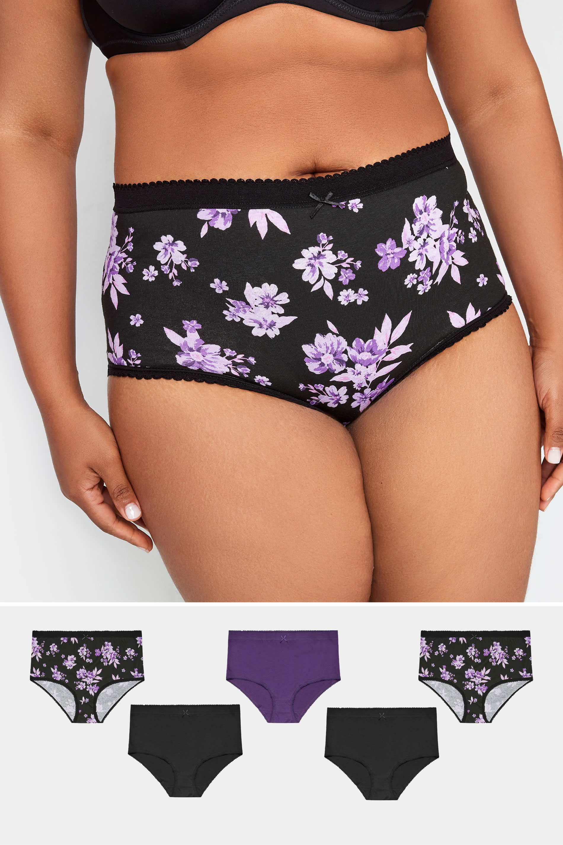YOURS Plus Size 5 PACK Black & Purple Floral Print Full Briefs | Yours Clothing 1