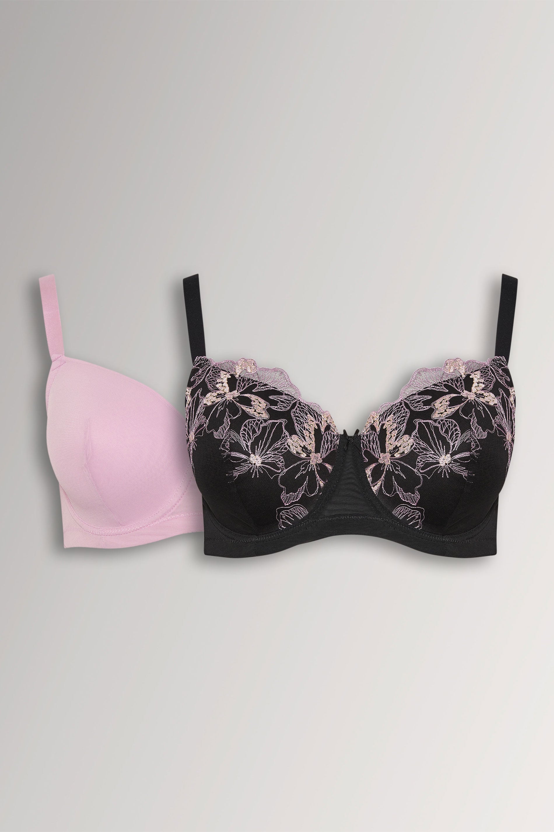 YOURS 2 PACK Plus Size Black & Pink Embroidered Padded Bras | Yours Clothing 3