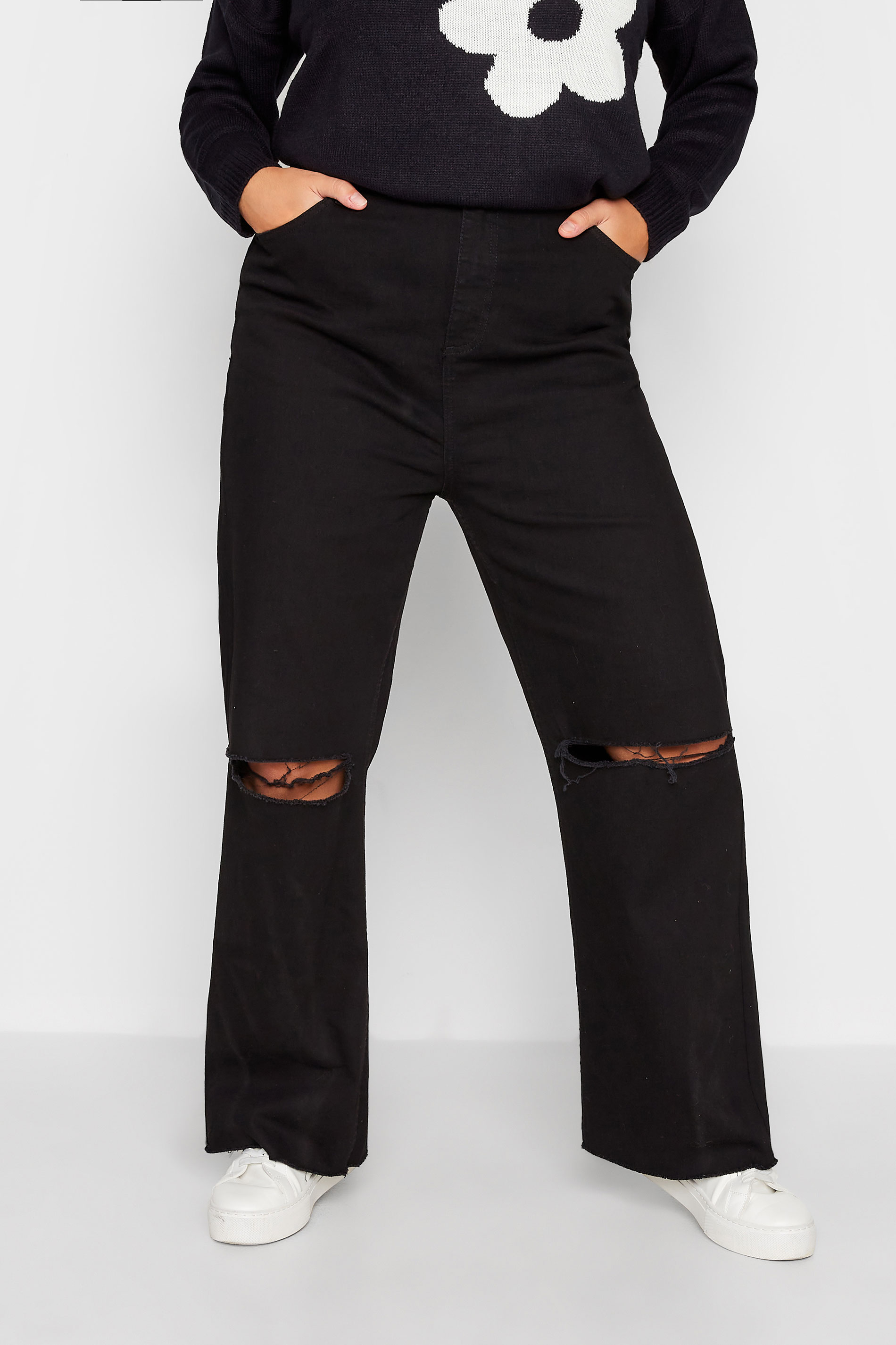 Plus Size Black Ripped Wide Leg Stretch Jeans | Yours Clothing  1