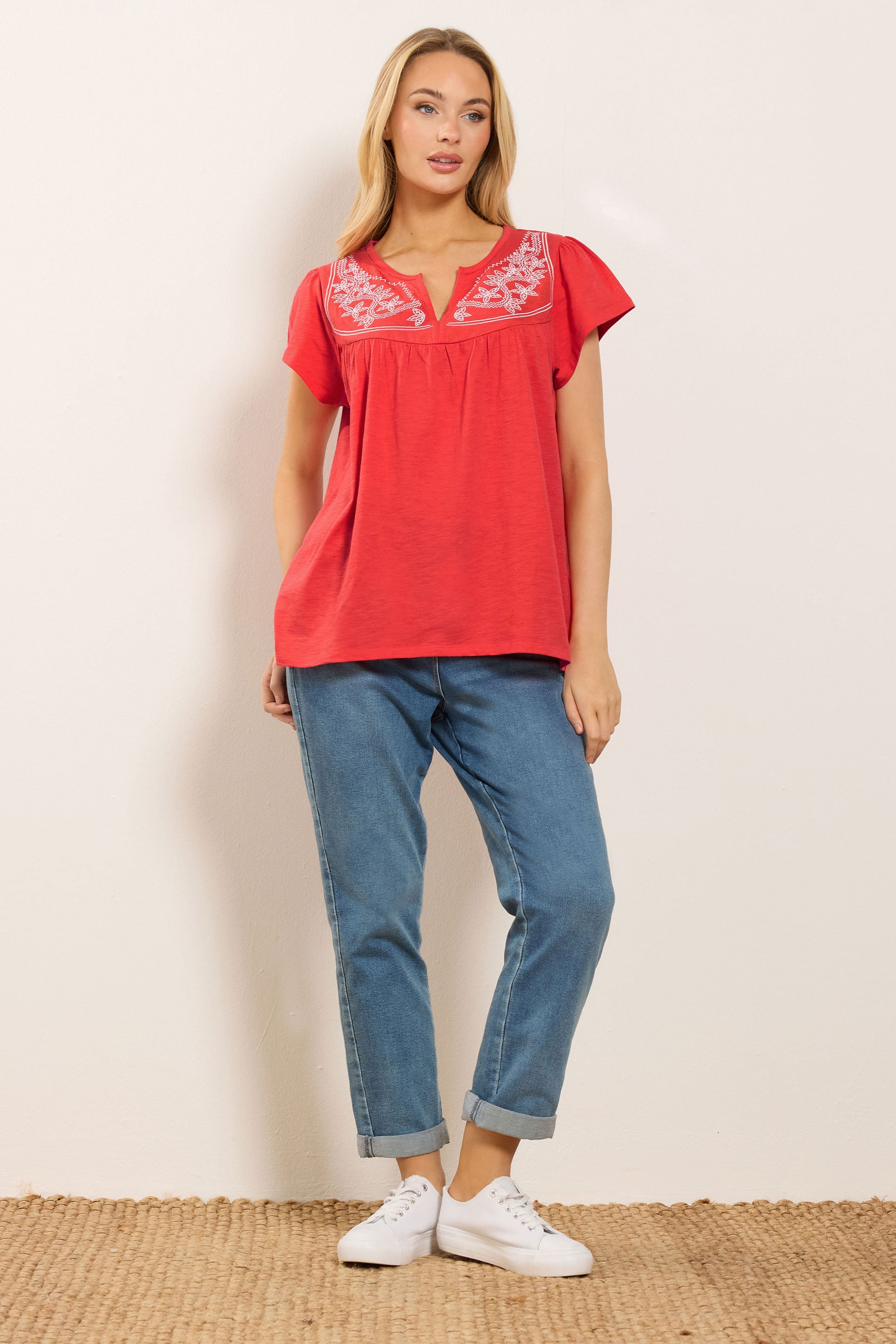M&Co Orange Embroidered Cotton Notch Neck Top | M&Co 1