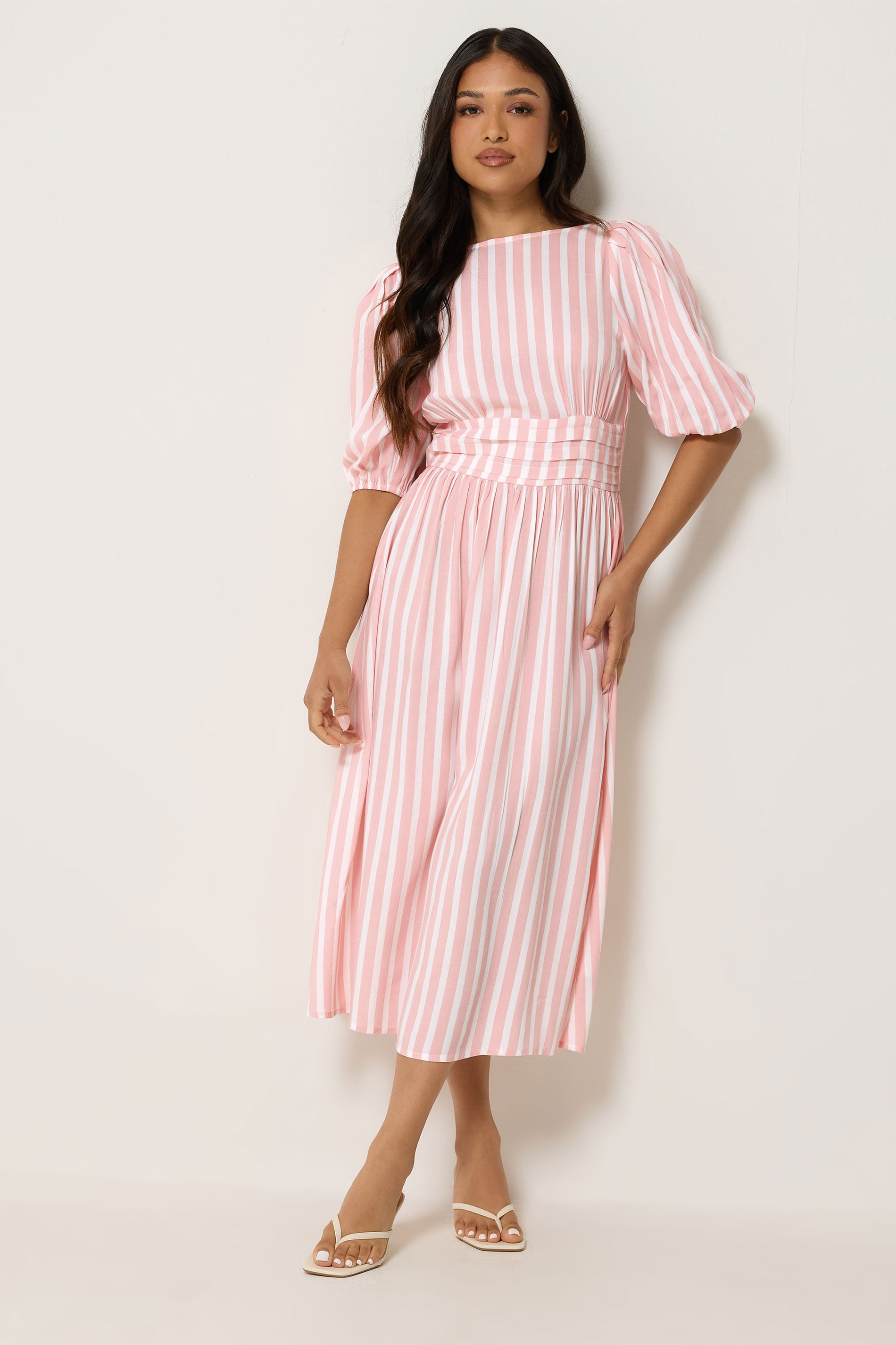PixieGirl Petite Women's Pink Stripe Puff Sleeve Midi Dress | PixieGirl 1