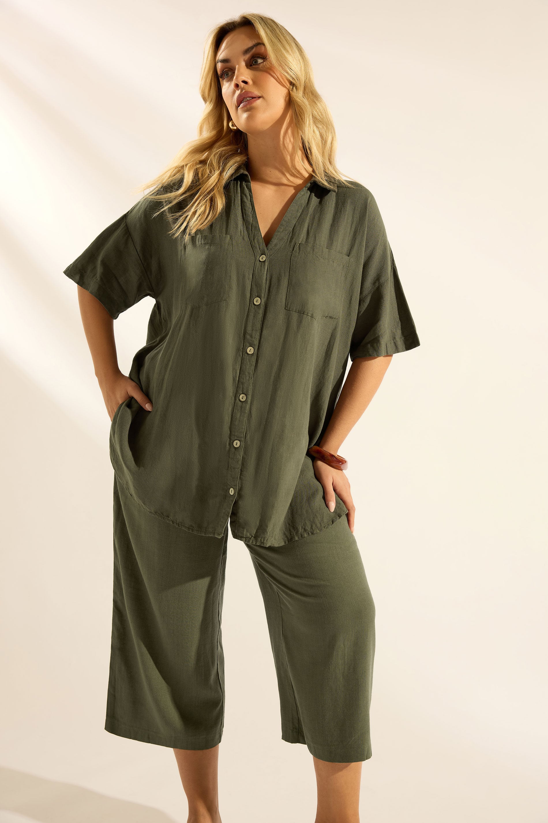 YOURS Plus Size Khaki Green Short Sleeve Linen Shirt | Yours Clothing 3
