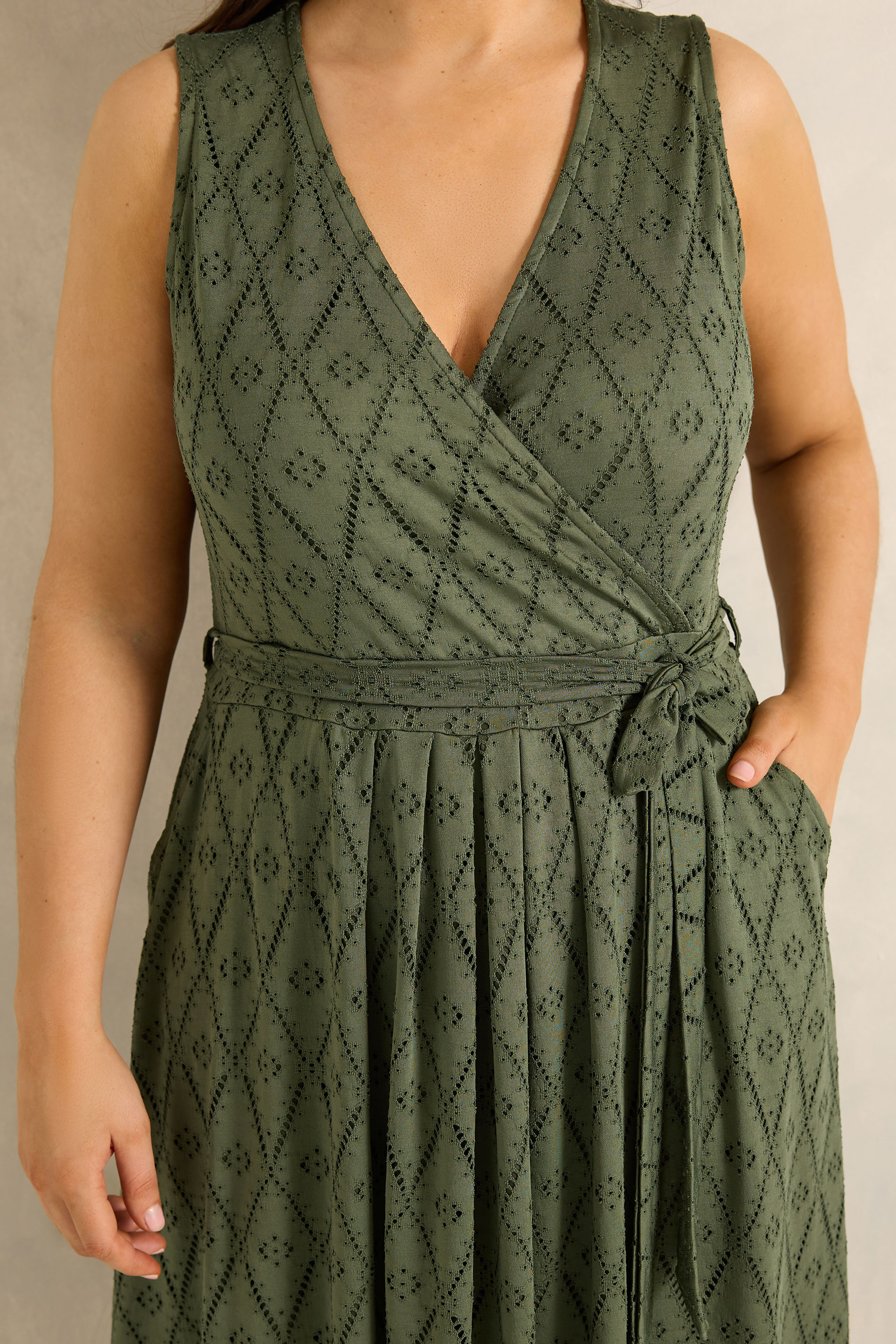EVANS Plus Size Khaki Green Broderie Wrap Midi Dress | Evans 5