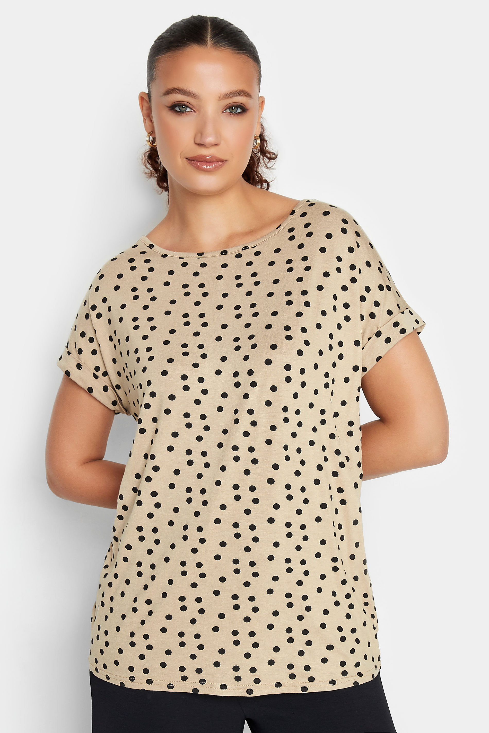 LTS Tall Beige Brown Polka Dot Print T-Shirt | Long Tall Sally  1