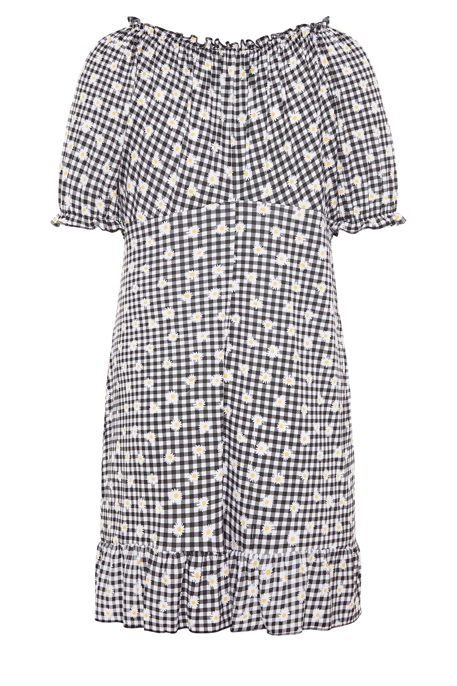 Black Gingham Floral Bardot Midi Dress 