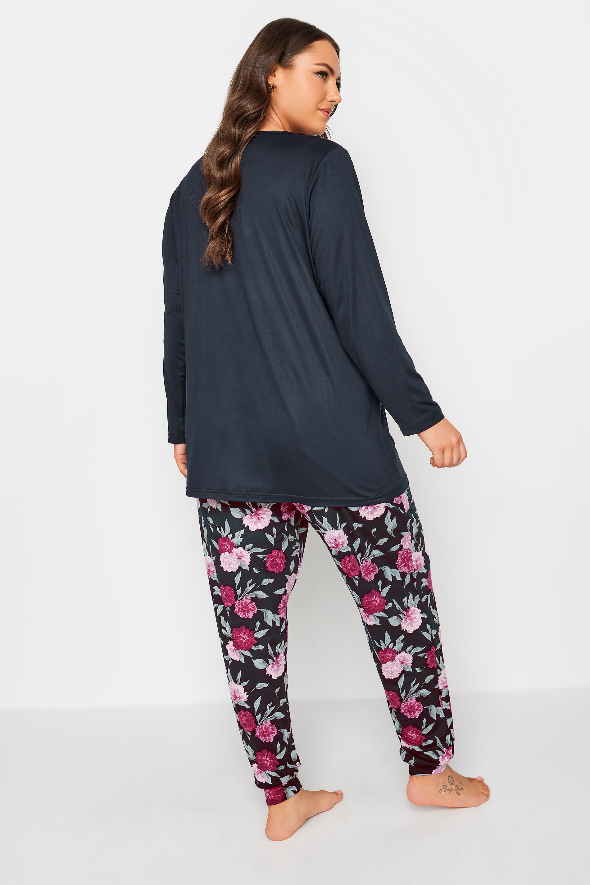 YOURS Curve Navy Blue Floral Print Soft Touch Pyjama Set | Yours Clothing 3
