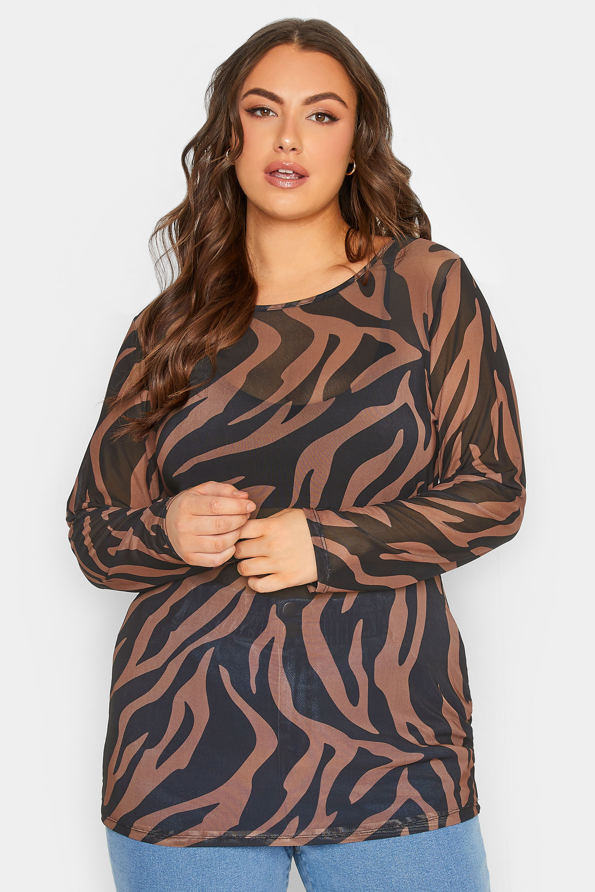 Plus Size Black & Brown Zebra Print Long Sleeve Mesh Top | Yours Clothing 1