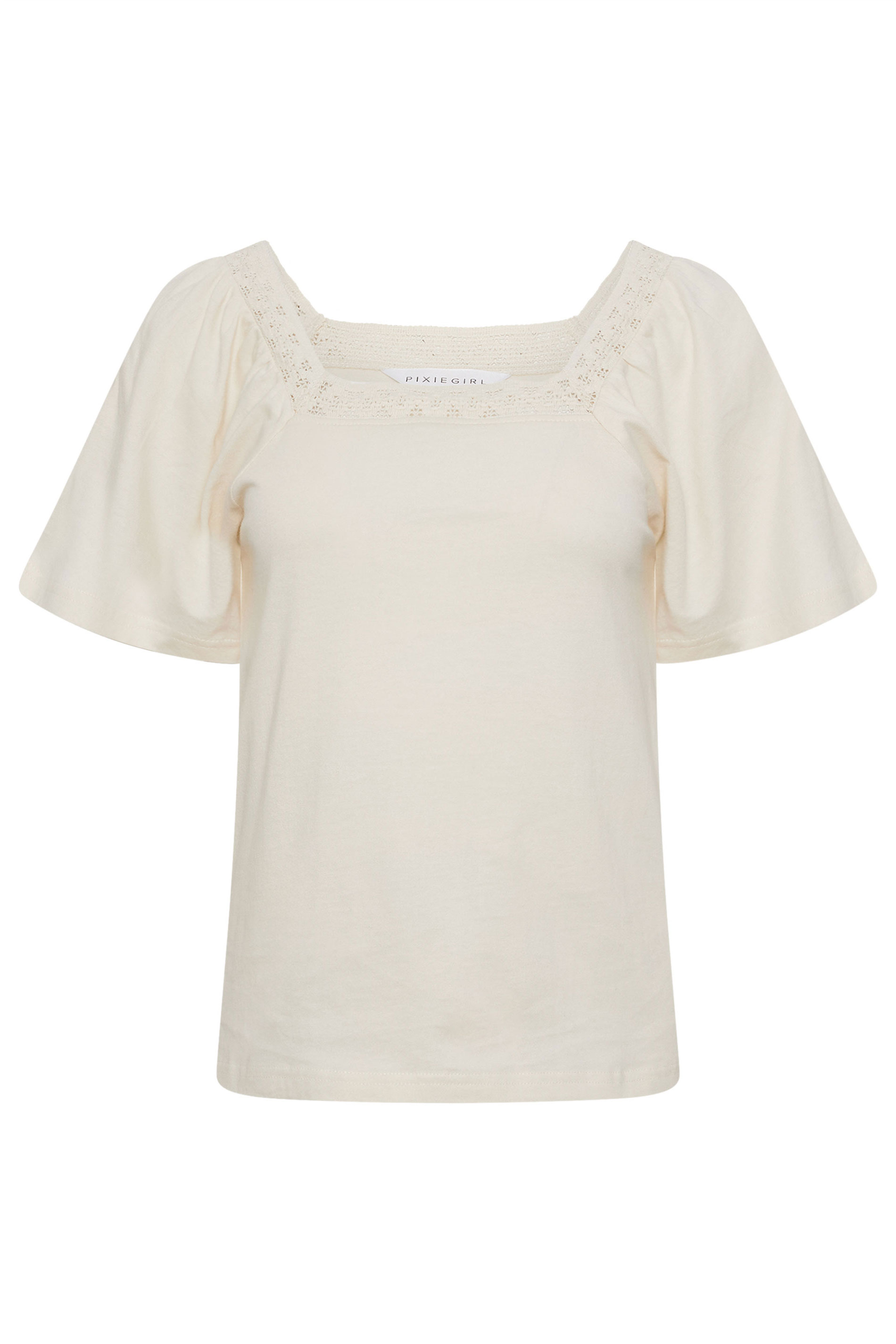 PixieGirl Petite Women's Ivory White Crochet Trim Flutter Sleeve Cotton T-Shirt | PixieGirl 5