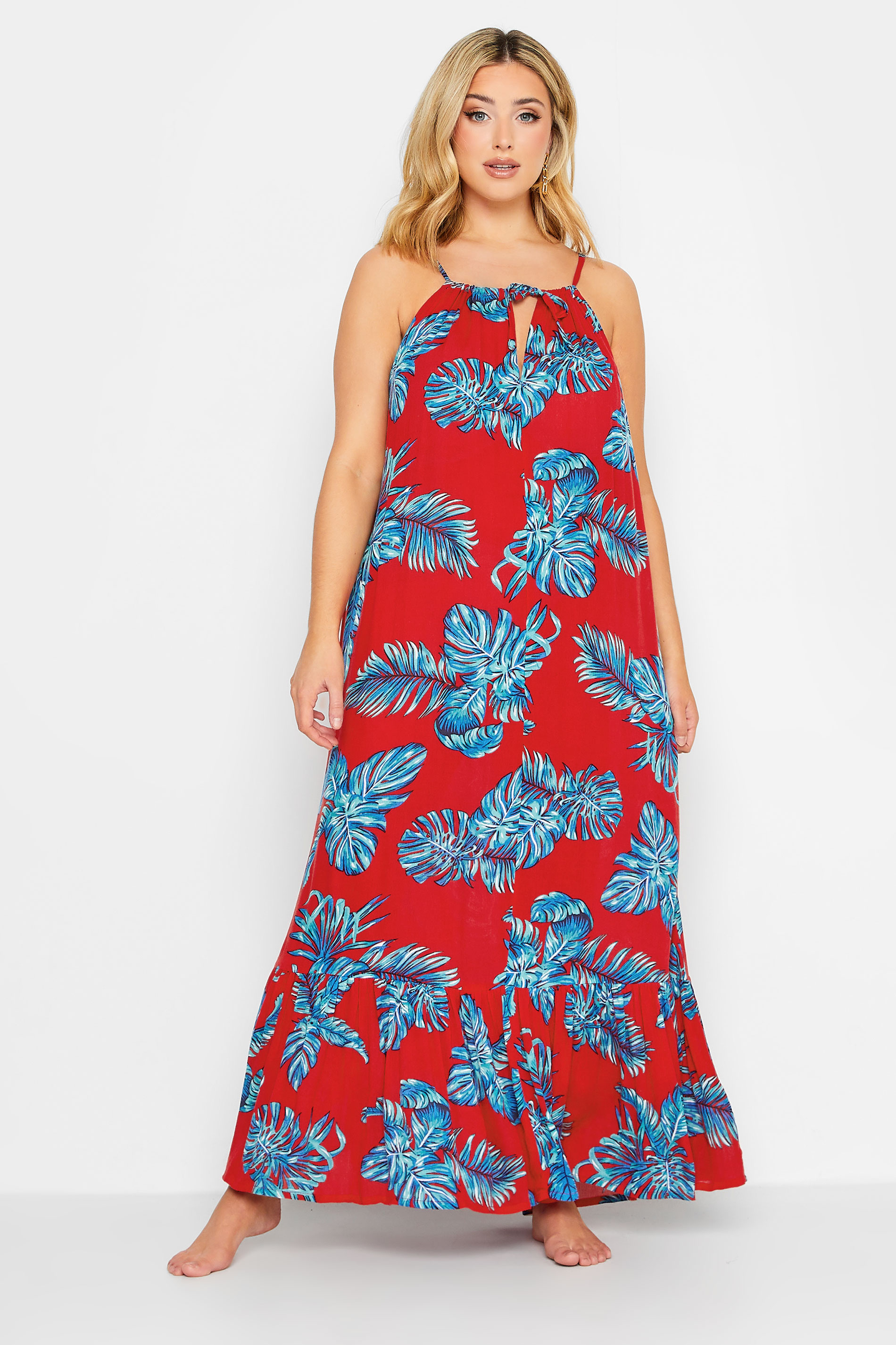YOURS Curve Plus Size Red Tropical Print Tiered Beach Dress | Yours Clothing  1