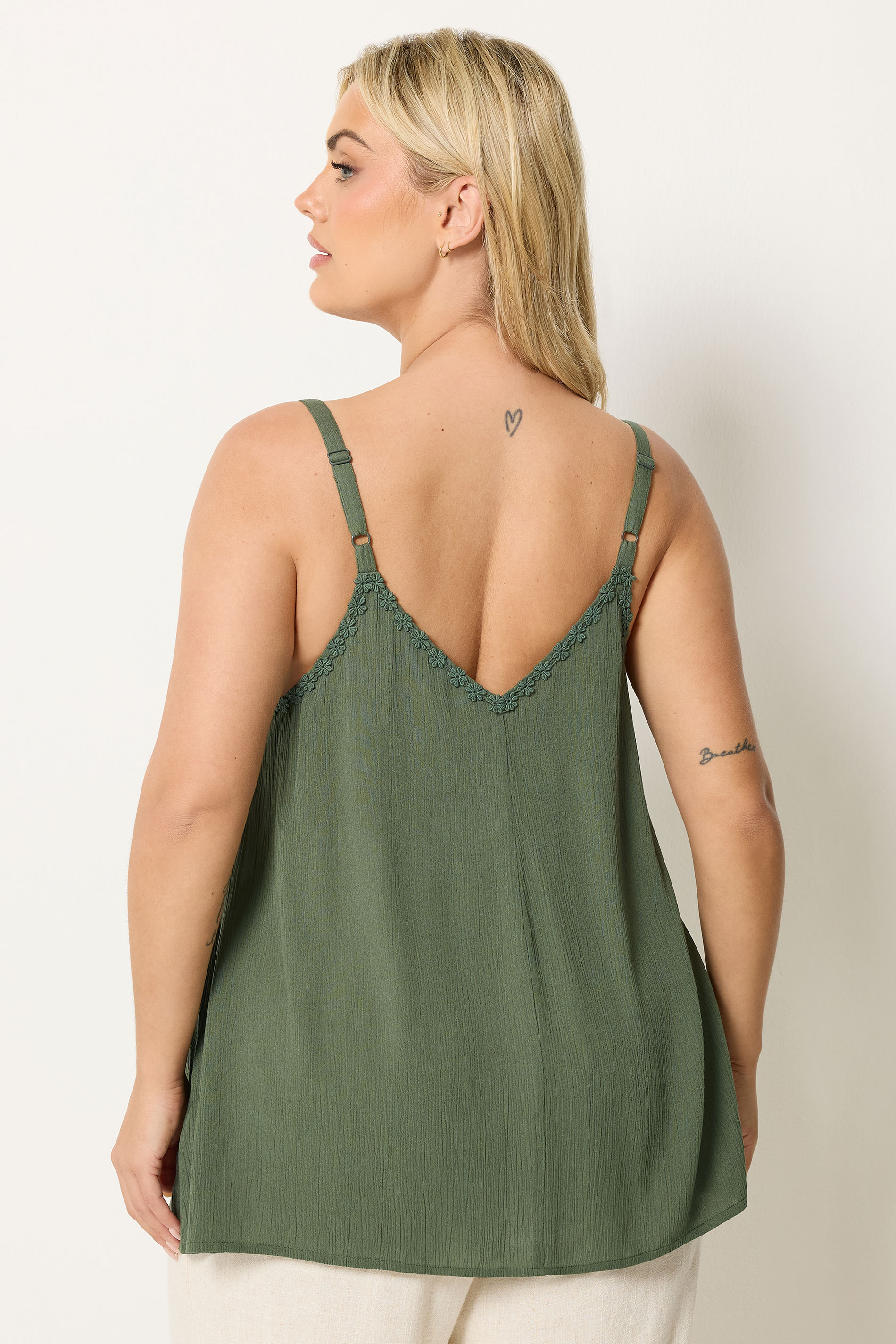 YOURS Plus Size Green Embroidered Floral Trim Vest Top | Yours Clothing 2