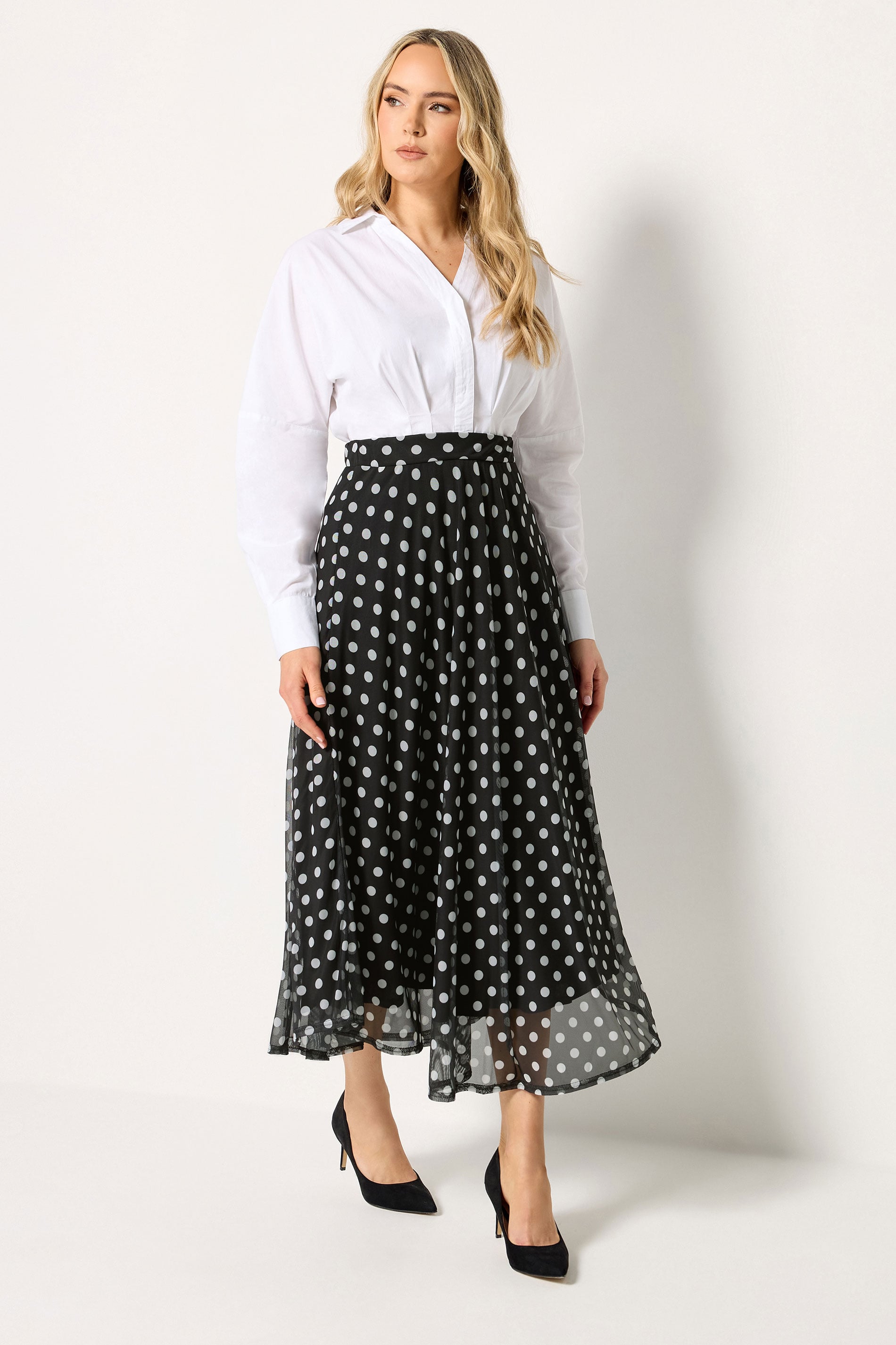 LTS Tall Women's Black Polka Dot Mesh Midi Skirt | Long Tall Sally 3