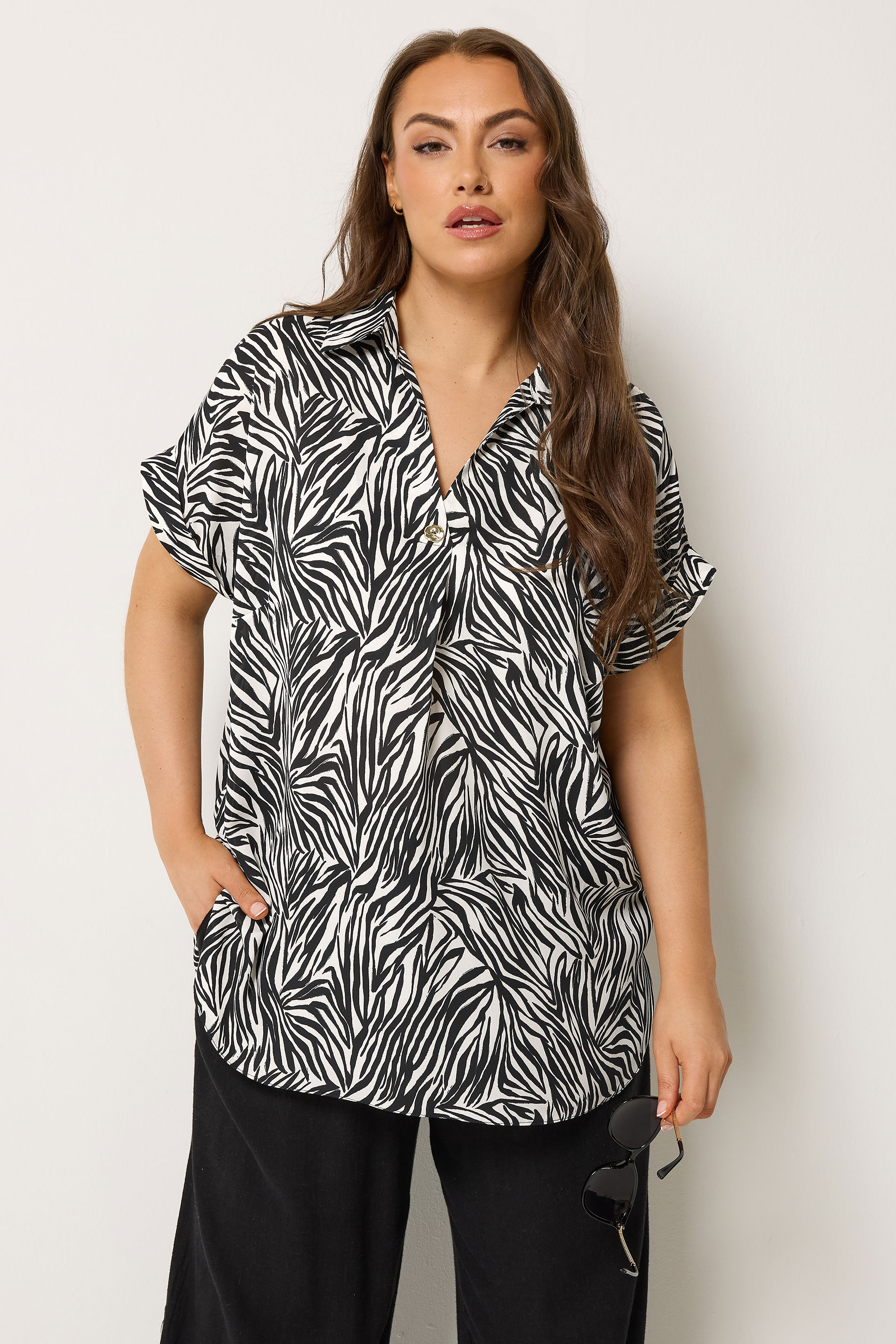 YOURS Plus Size Black Zebra Button Half Placket Blouse | Yours Clothing 3