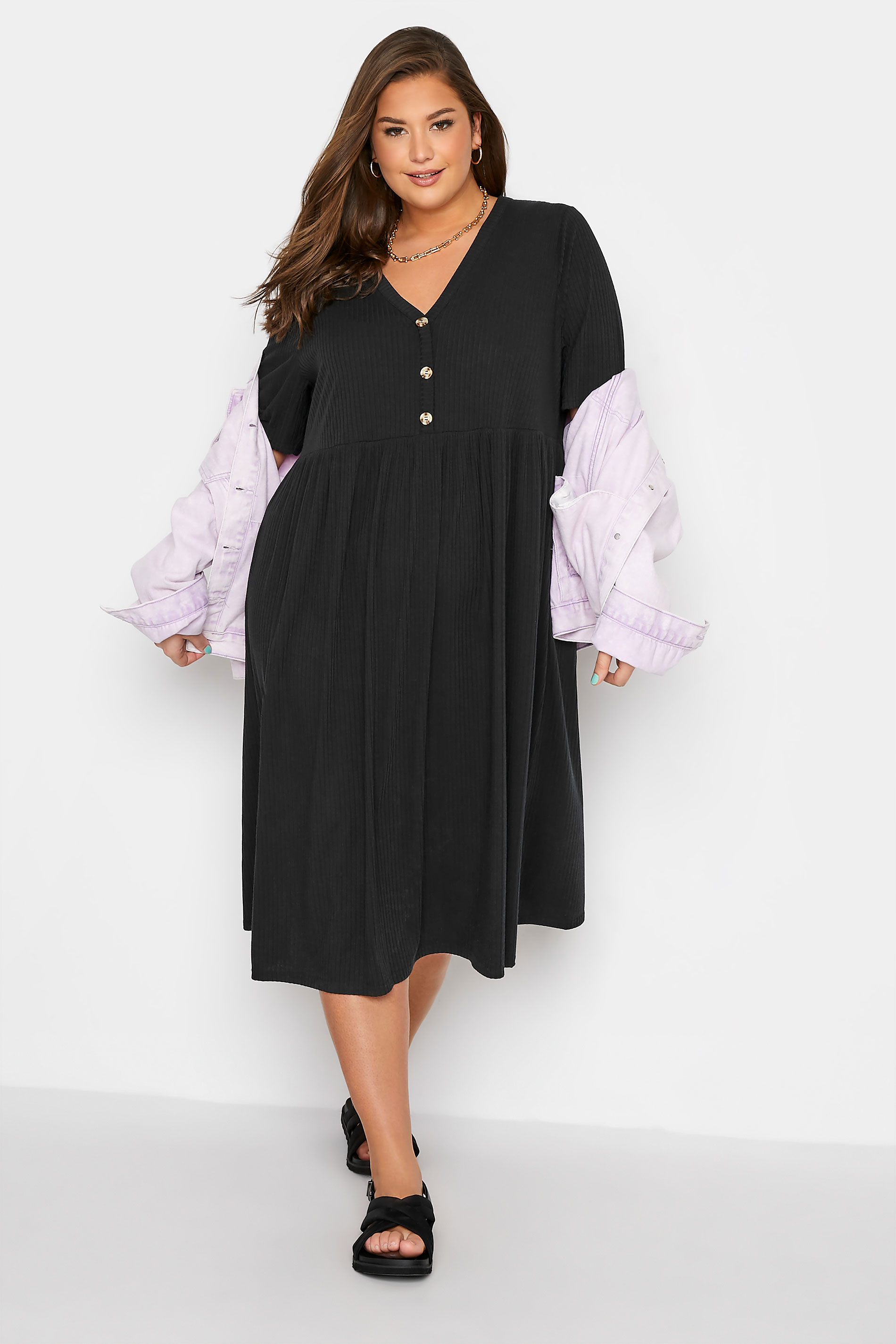 Robes Grande Taille Grande taille  Robes Mi-Longue | LIMITED COLLECTION - Robe Midi Noire Nervuré Peplum - OZ10225