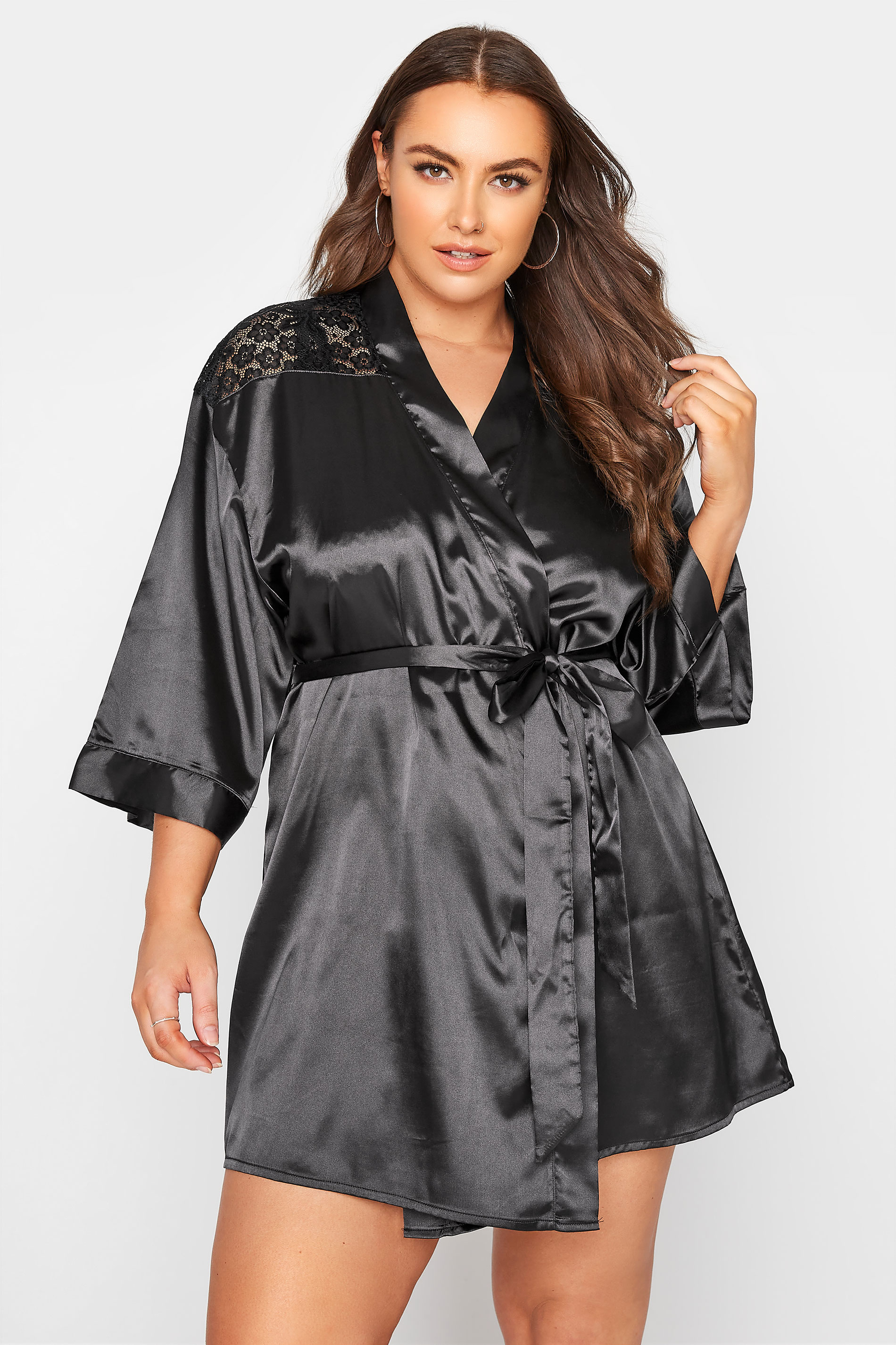 Plus Size Black Boudoir Satin Robe | Yours Clothing