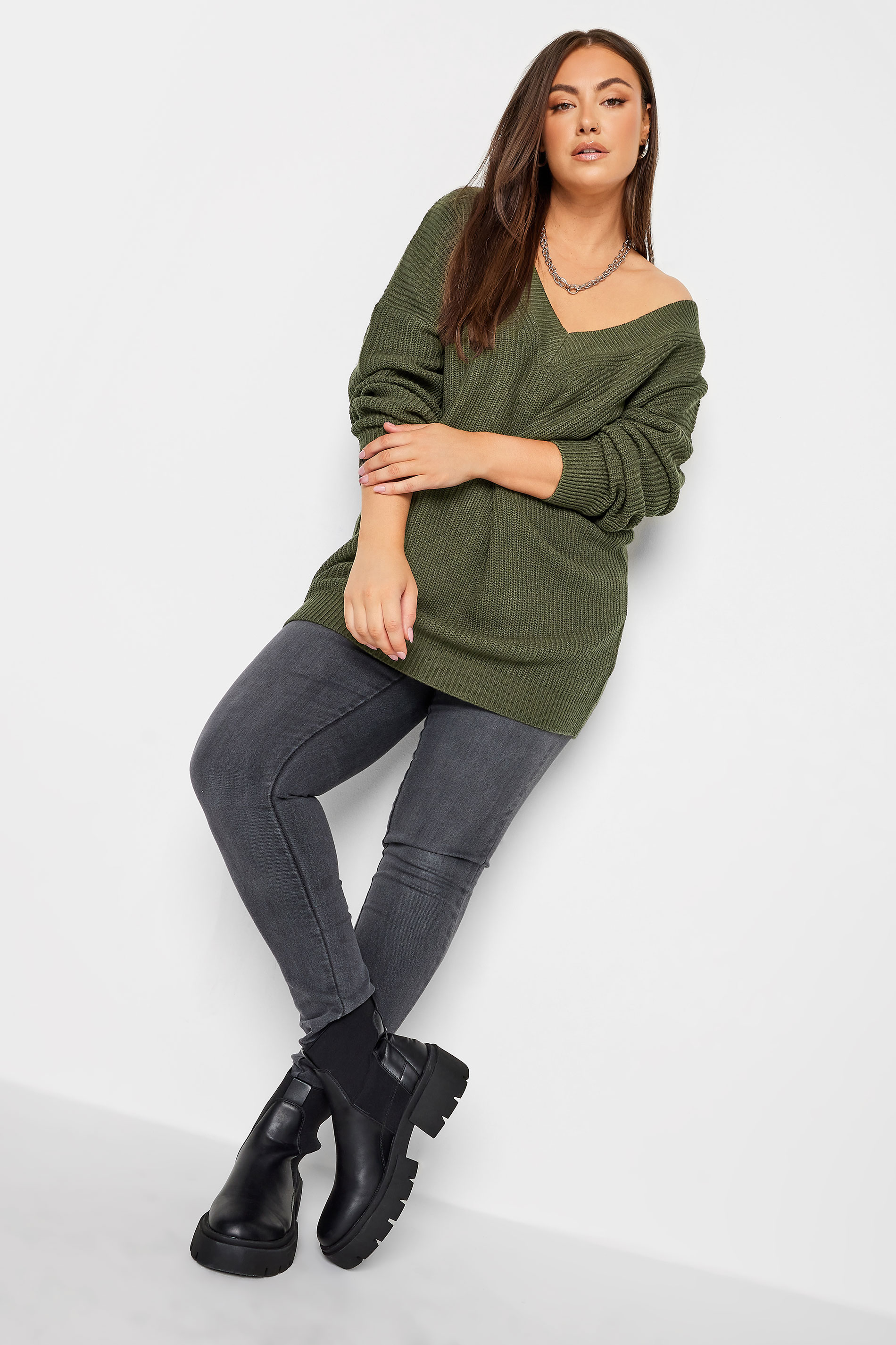 YOURS Plus Size Khaki Green Double V-Neck Jumper | Yours Clothing 2