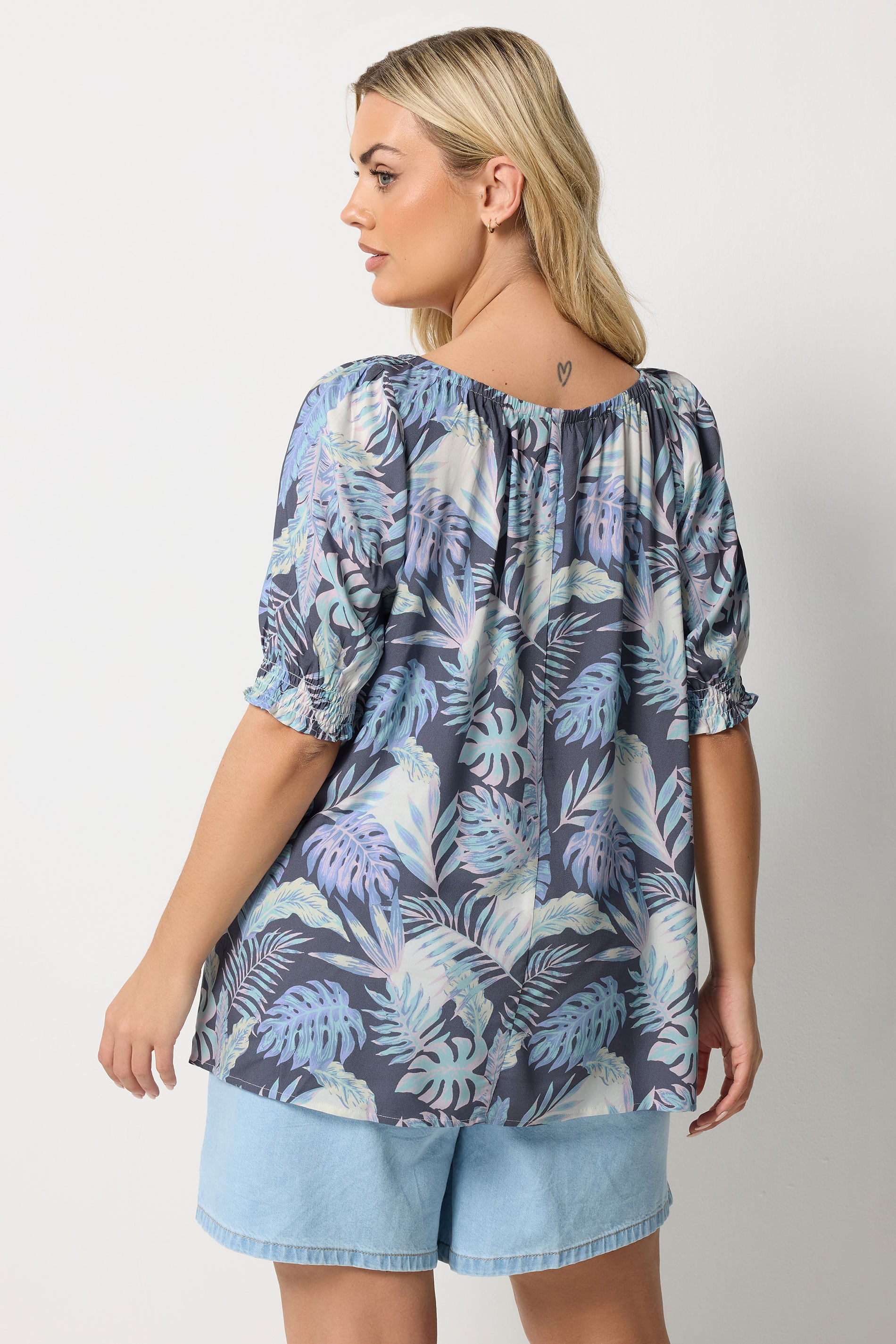 YOURS Plus Size Blue Palm Leaf Tie Neck Blouse  | Yours Clothing 4
