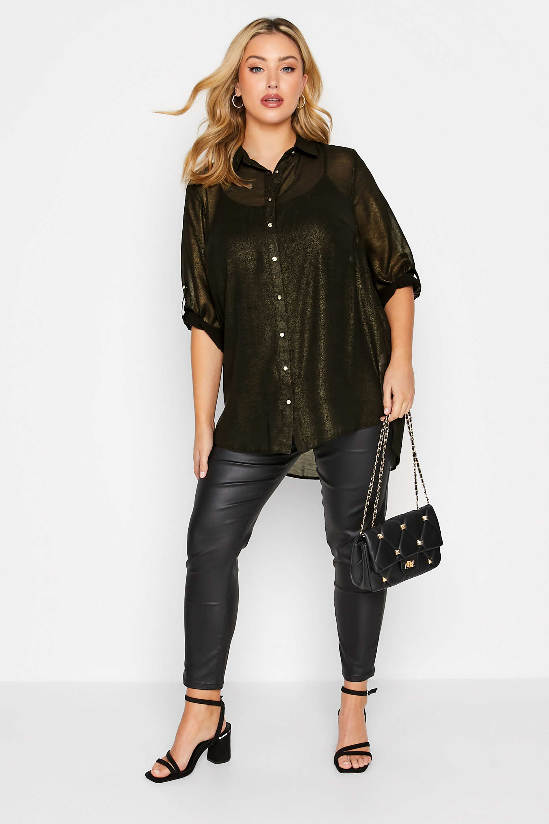 Plus Size Black & Gold Shimmer Button Through Shirt | Yours Clothing 2