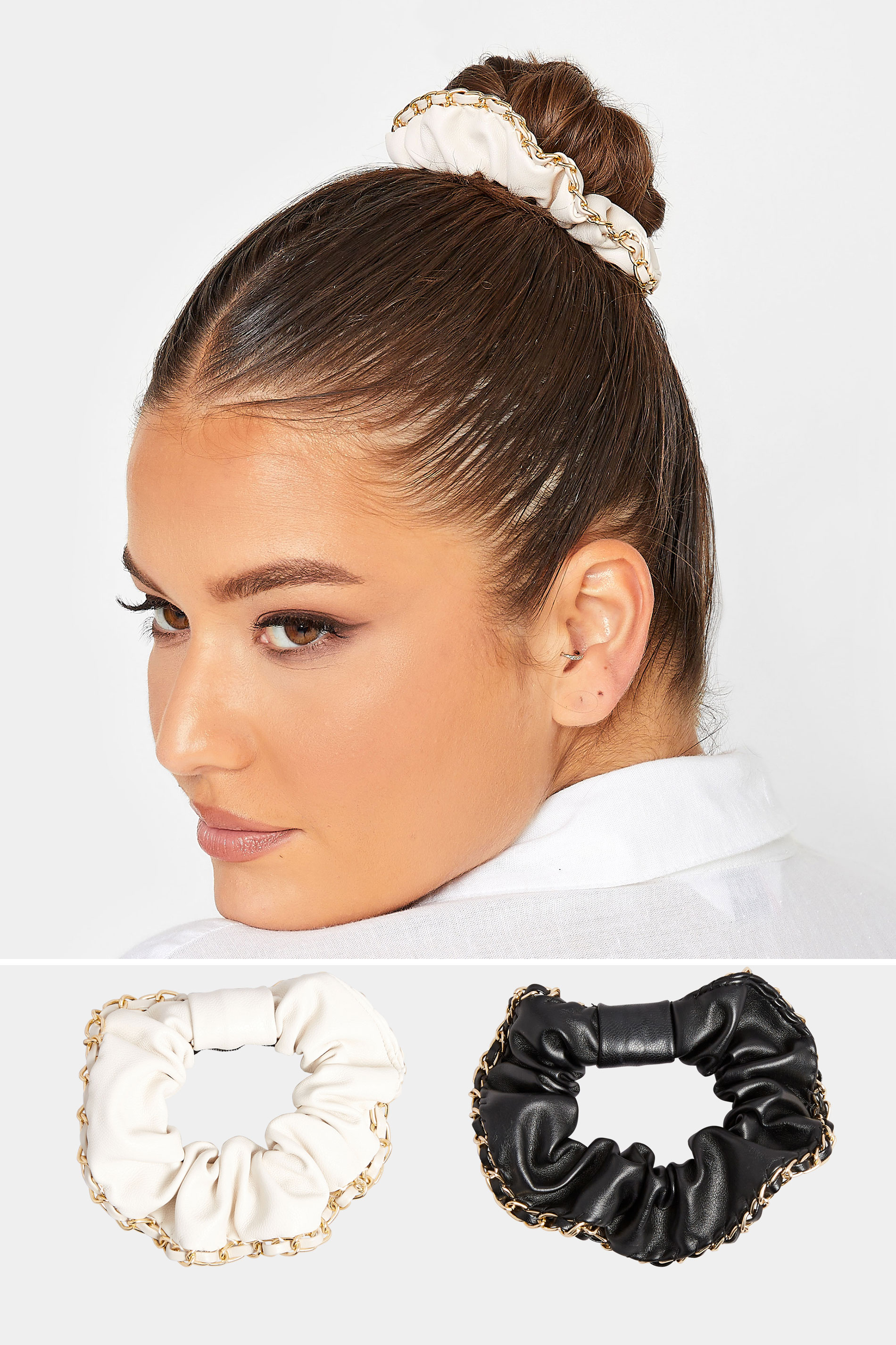 White 2 PACK Chain Scrunchie Set | Yours Clothing  1