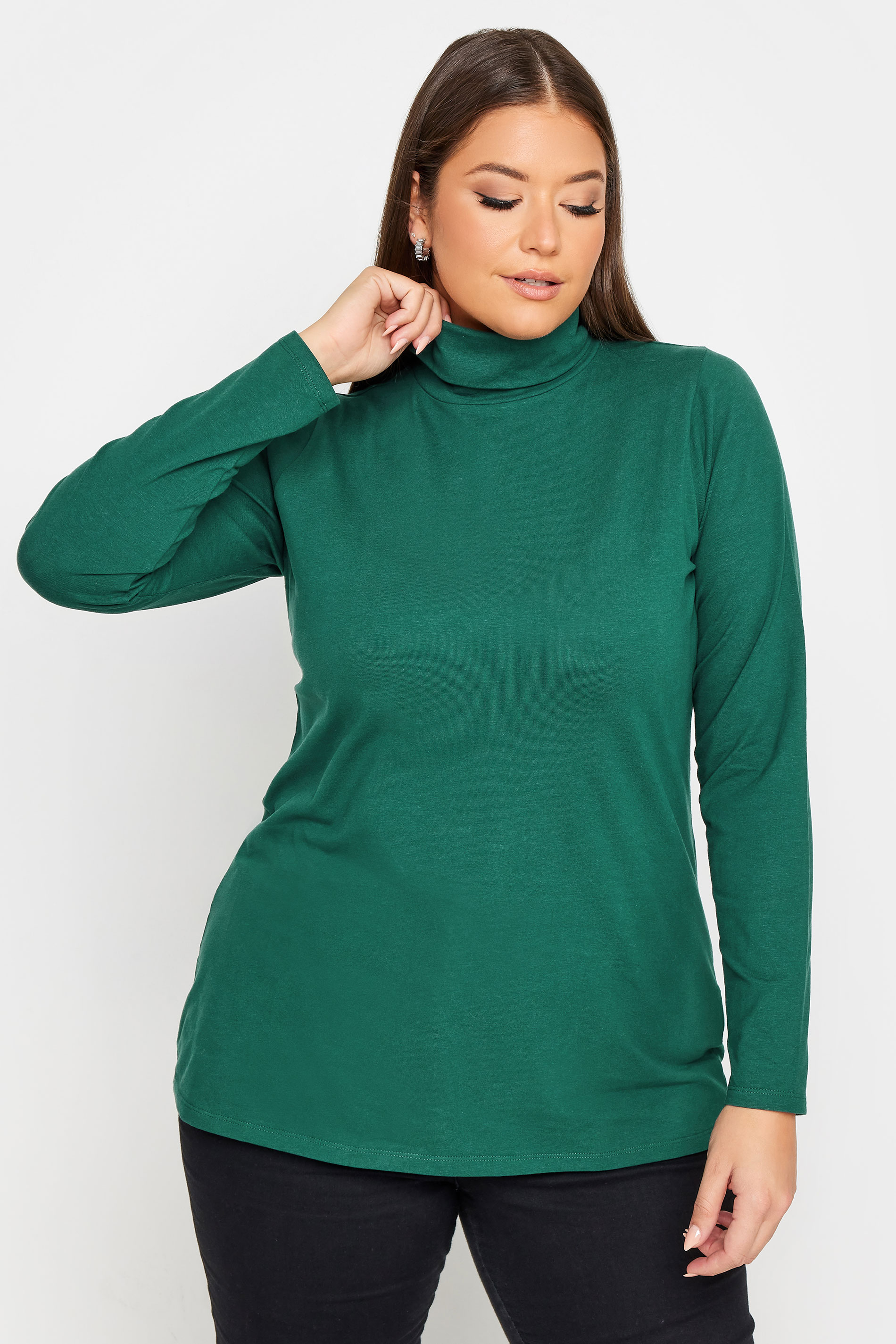 YOURS Plus Size Forest Green Long Sleeve Turtle Neck Top | Yours Clothing 1